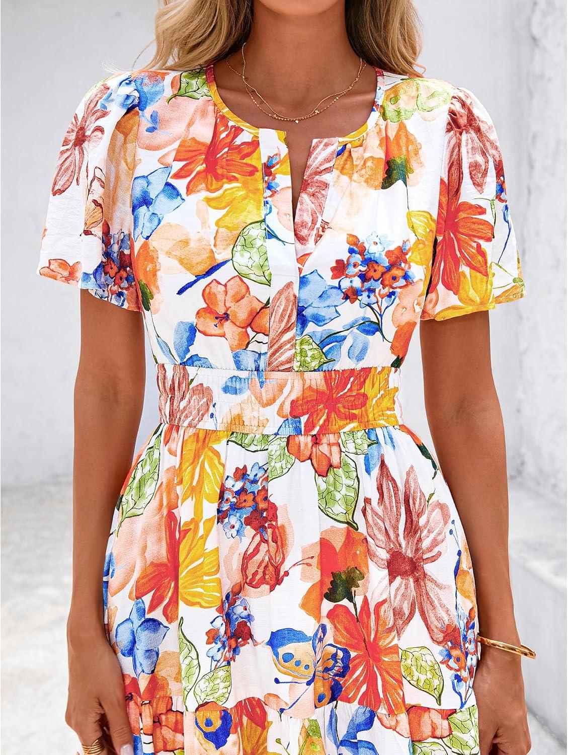 imageBTFBM Womens Summer Floral Maxi Dresses V Neck Short Sleeve Boho Casual Flowy Long Wedding Guest Dress Beach VacationFloral Multicolored