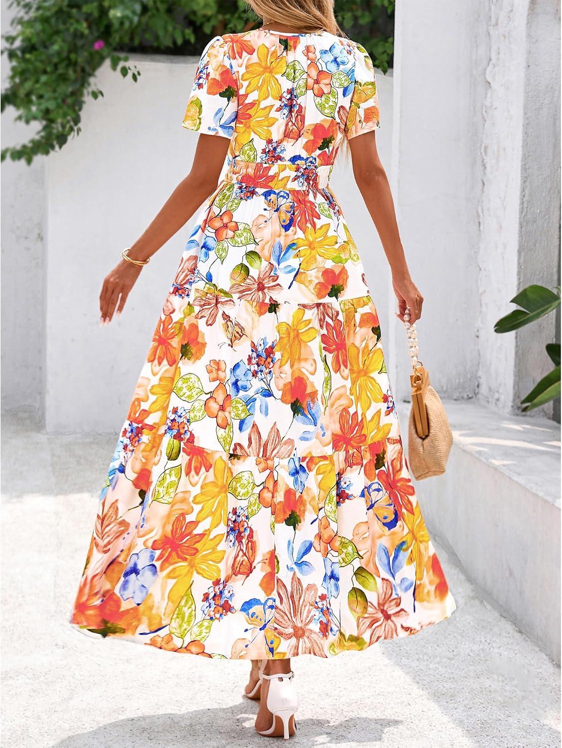 imageBTFBM Womens Summer Floral Maxi Dresses V Neck Short Sleeve Boho Casual Flowy Long Wedding Guest Dress Beach VacationFloral Multicolored
