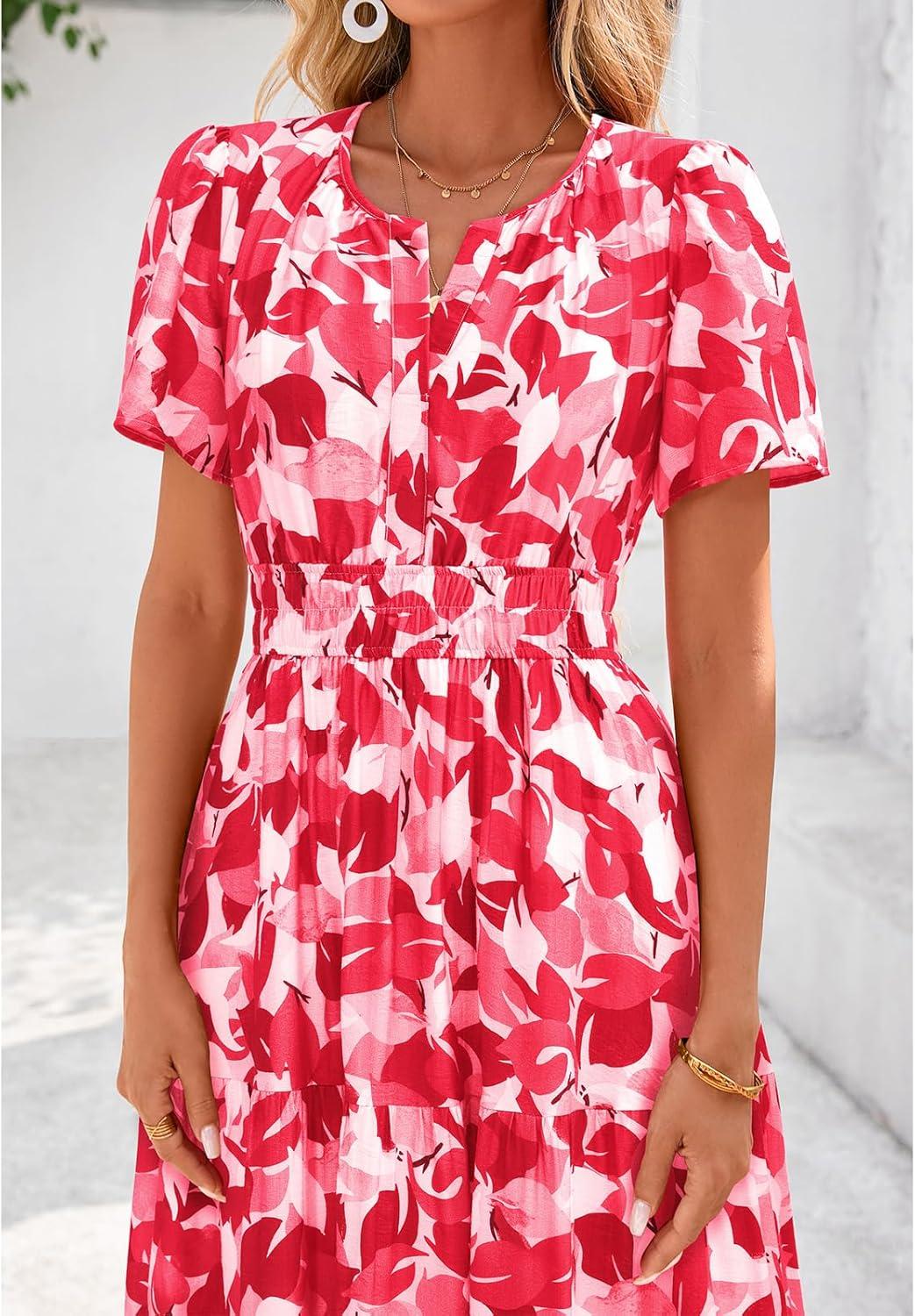 imageBTFBM Womens Summer Floral Maxi Dresses V Neck Short Sleeve Boho Casual Flowy Long Wedding Guest Dress Beach VacationFloral Red