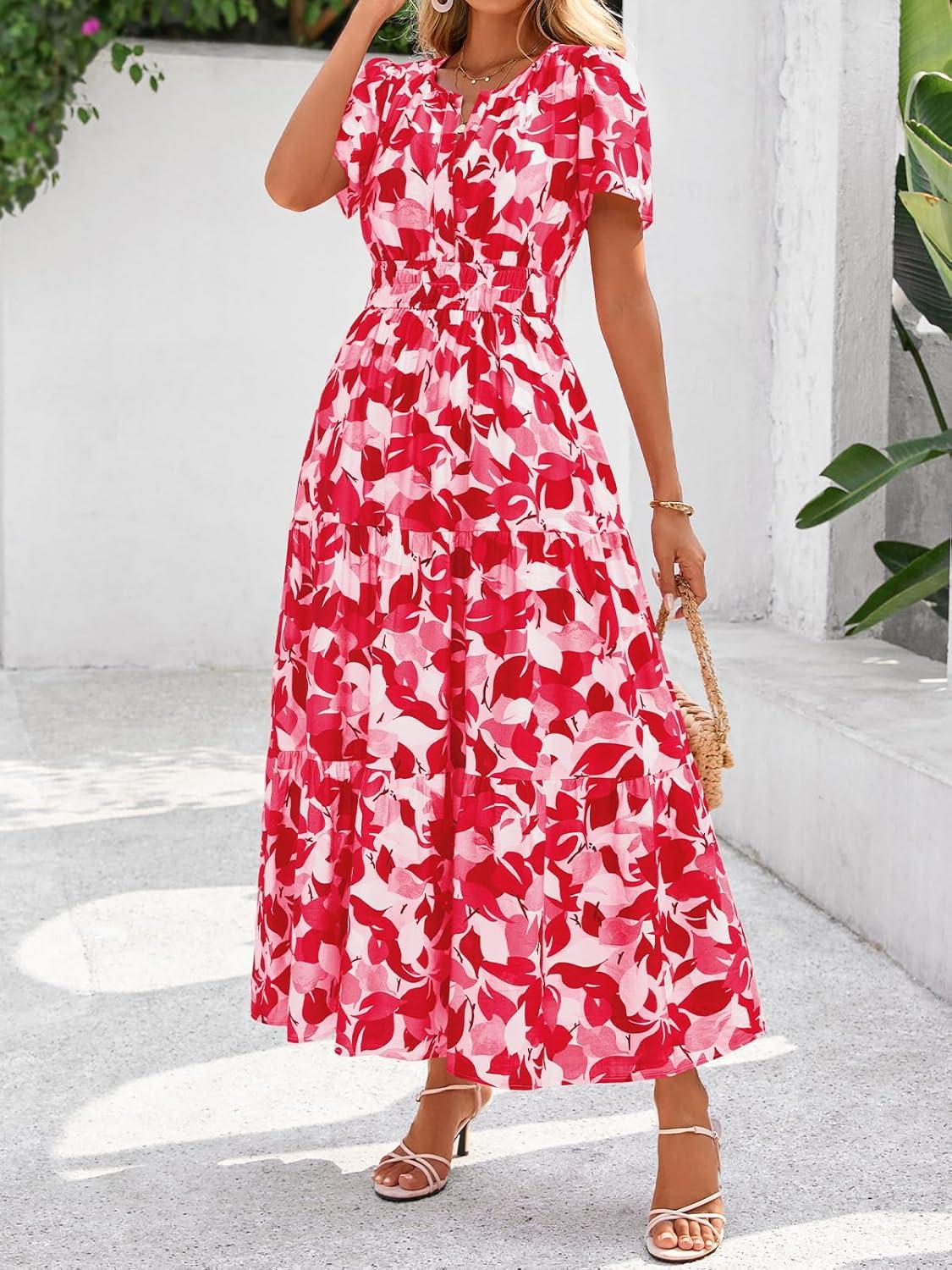 imageBTFBM Womens Summer Floral Maxi Dresses V Neck Short Sleeve Boho Casual Flowy Long Wedding Guest Dress Beach VacationFloral Red