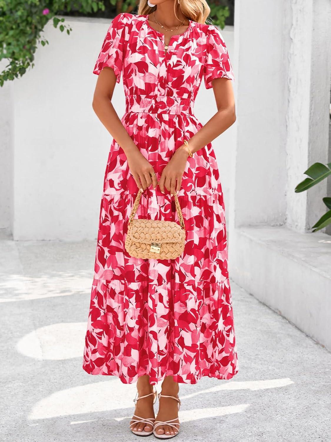 imageBTFBM Womens Summer Floral Maxi Dresses V Neck Short Sleeve Boho Casual Flowy Long Wedding Guest Dress Beach VacationFloral Red