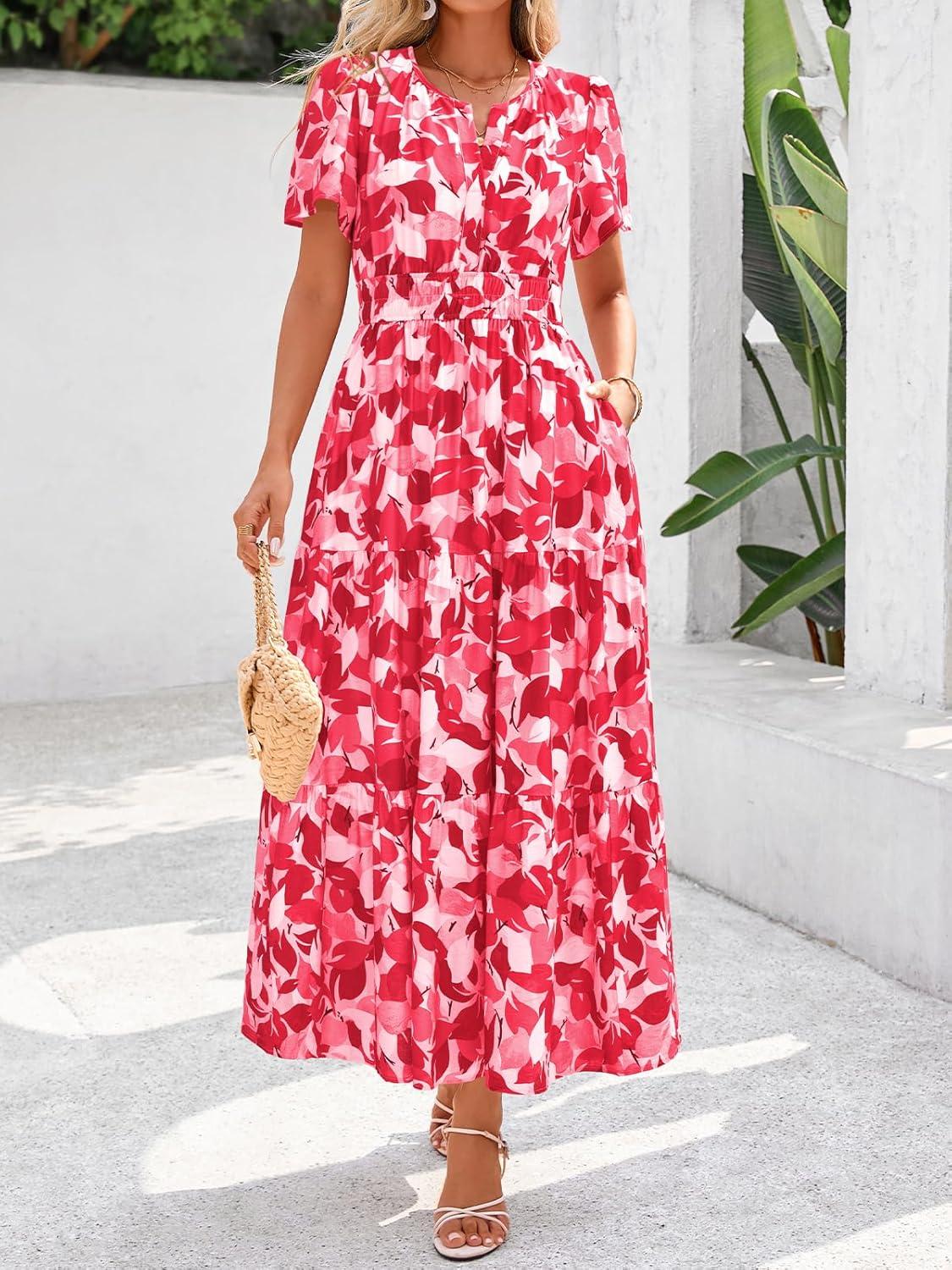 imageBTFBM Womens Summer Floral Maxi Dresses V Neck Short Sleeve Boho Casual Flowy Long Wedding Guest Dress Beach VacationFloral Red