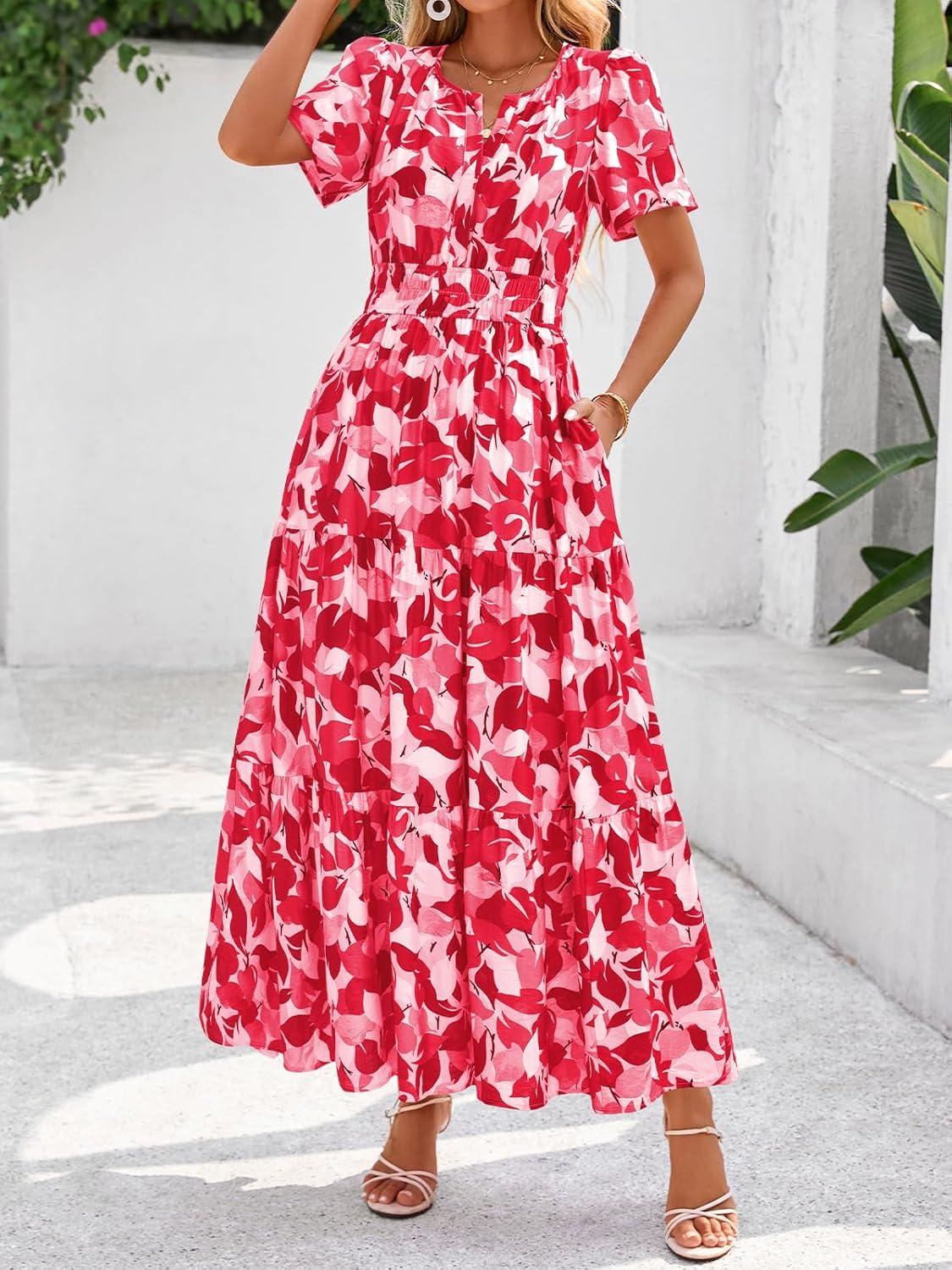 imageBTFBM Womens Summer Floral Maxi Dresses V Neck Short Sleeve Boho Casual Flowy Long Wedding Guest Dress Beach VacationFloral Red