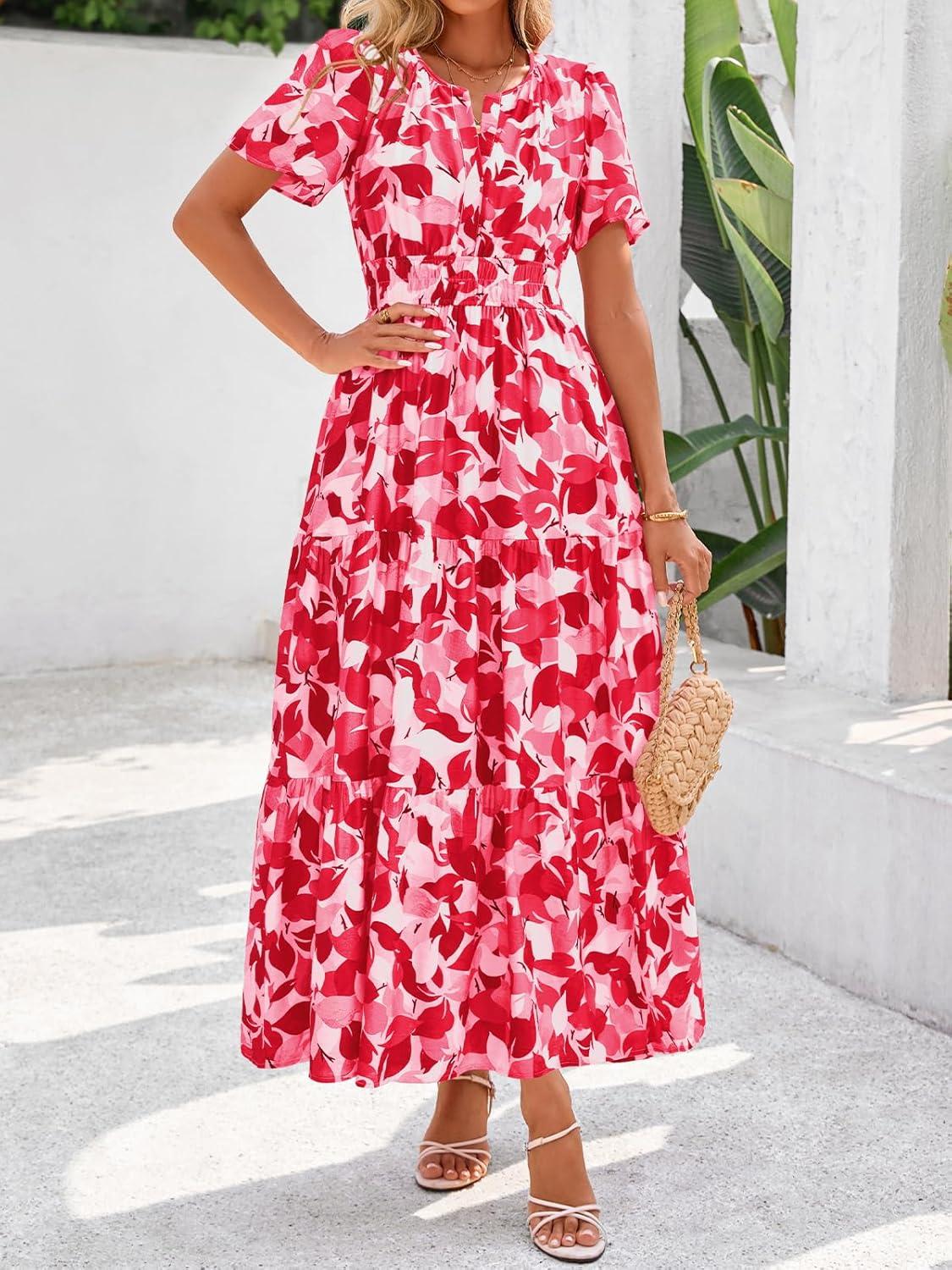 imageBTFBM Womens Summer Floral Maxi Dresses V Neck Short Sleeve Boho Casual Flowy Long Wedding Guest Dress Beach VacationFloral Red