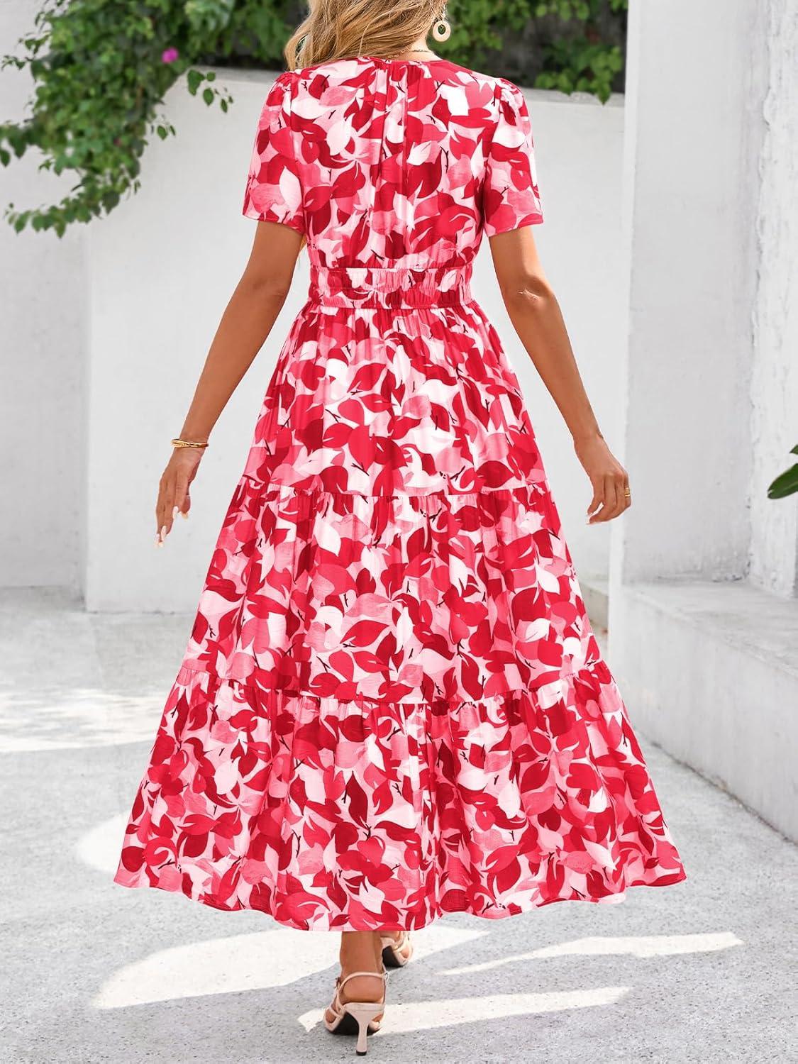 imageBTFBM Womens Summer Floral Maxi Dresses V Neck Short Sleeve Boho Casual Flowy Long Wedding Guest Dress Beach VacationFloral Red