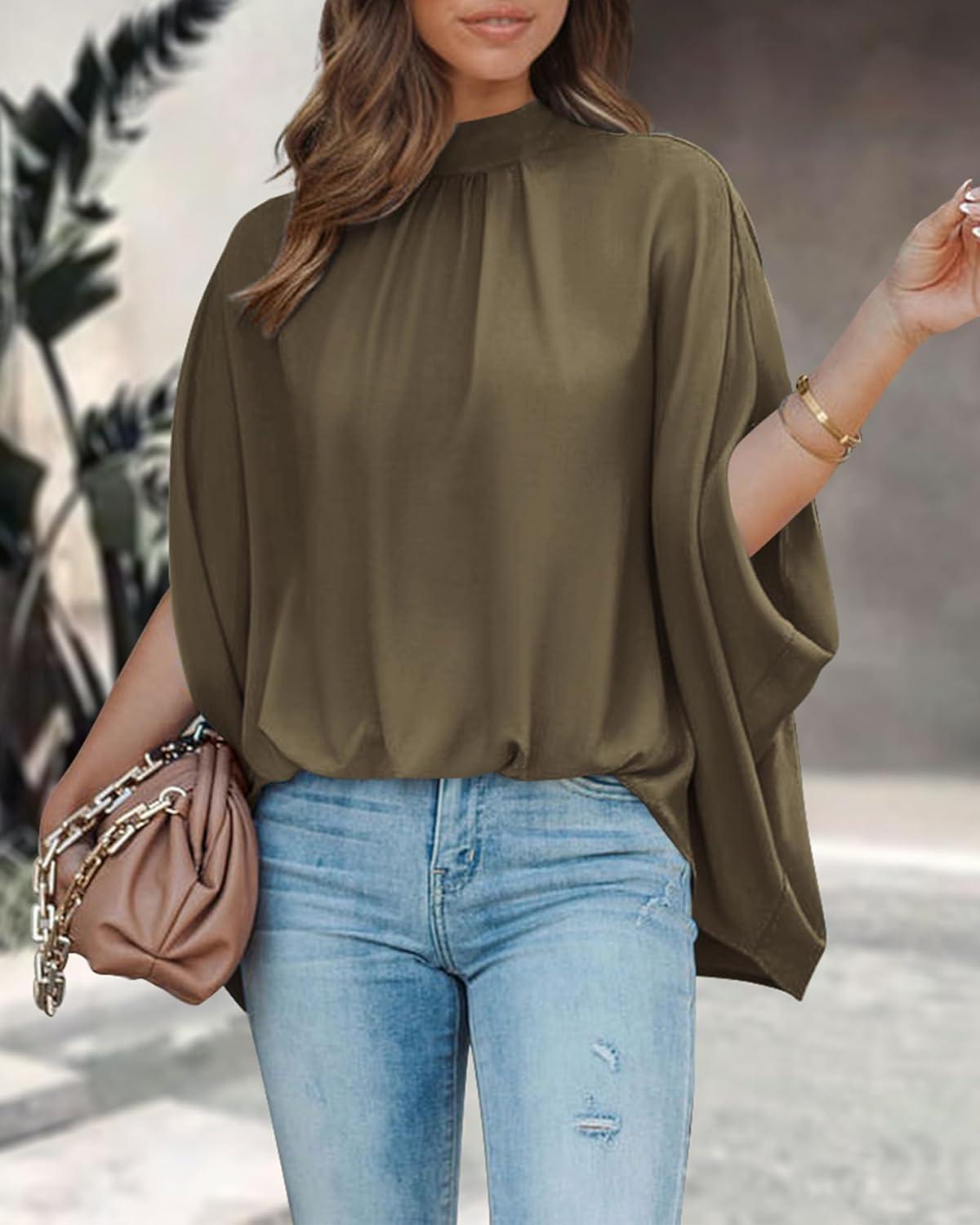 imageBTFBM Womens Summer Tops 2026 Mock Neck Batwing Sleeve Shirts Loose High Low Hem Oversized Dressy Casual Spring BlousesArmy Green
