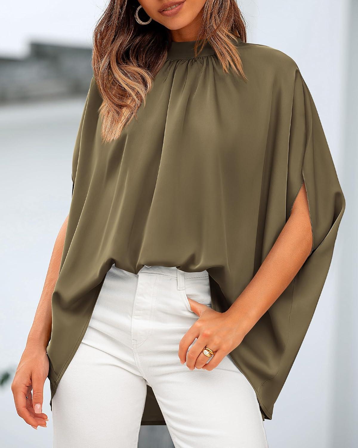 imageBTFBM Womens Summer Tops 2026 Mock Neck Batwing Sleeve Shirts Loose High Low Hem Oversized Dressy Casual Spring BlousesArmy Green