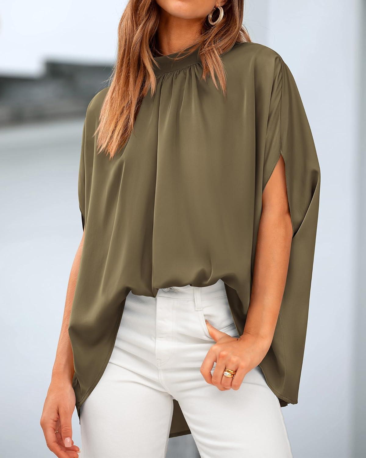 imageBTFBM Womens Summer Tops 2026 Mock Neck Batwing Sleeve Shirts Loose High Low Hem Oversized Dressy Casual Spring BlousesArmy Green