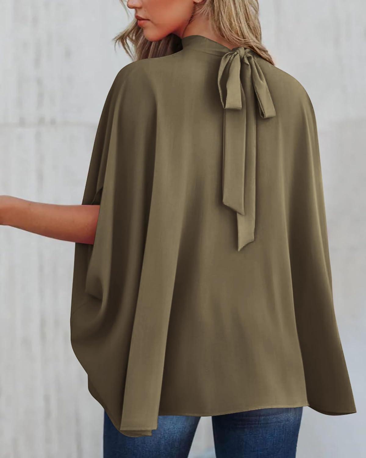 imageBTFBM Womens Summer Tops 2026 Mock Neck Batwing Sleeve Shirts Loose High Low Hem Oversized Dressy Casual Spring BlousesArmy Green