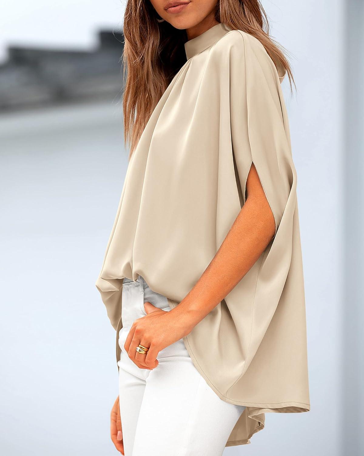 imageBTFBM Womens Summer Tops 2026 Mock Neck Batwing Sleeve Shirts Loose High Low Hem Oversized Dressy Casual Spring BlousesBeige