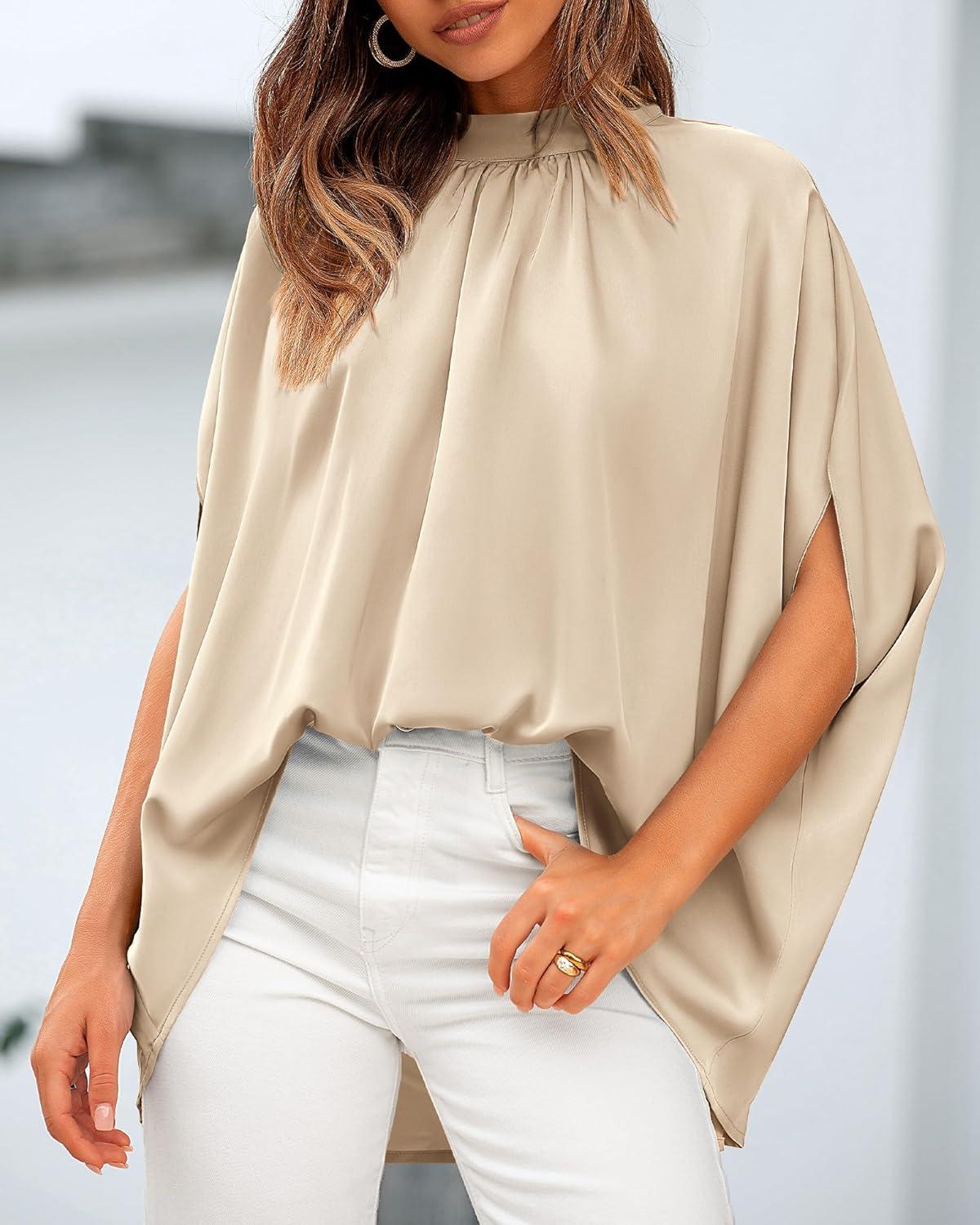 imageBTFBM Womens Summer Tops 2026 Mock Neck Batwing Sleeve Shirts Loose High Low Hem Oversized Dressy Casual Spring BlousesBeige