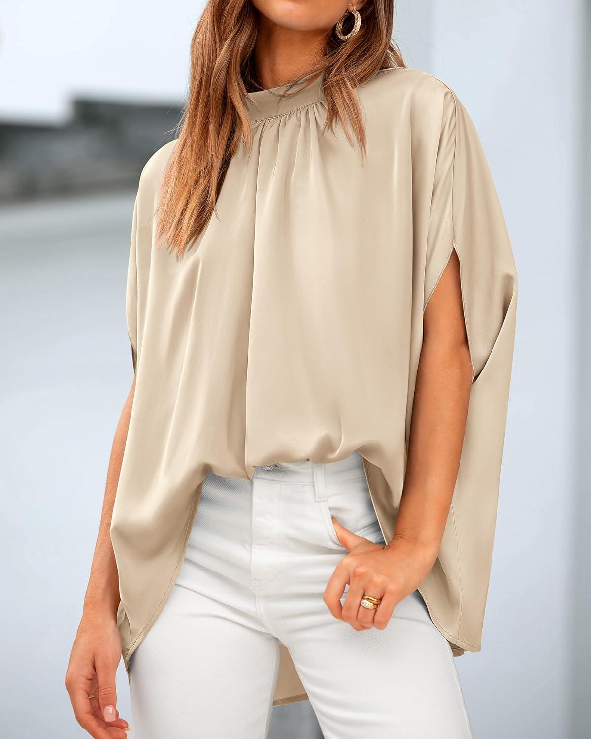 imageBTFBM Womens Summer Tops 2026 Mock Neck Batwing Sleeve Shirts Loose High Low Hem Oversized Dressy Casual Spring BlousesBeige