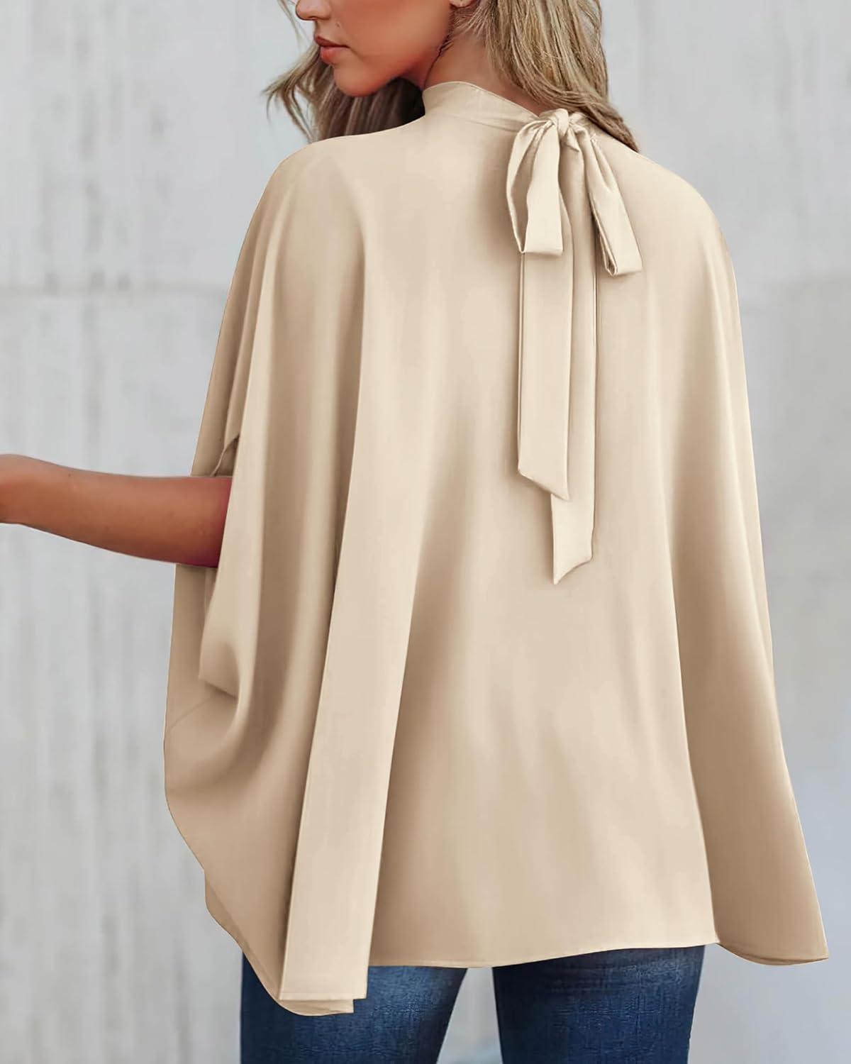 imageBTFBM Womens Summer Tops 2026 Mock Neck Batwing Sleeve Shirts Loose High Low Hem Oversized Dressy Casual Spring BlousesBeige
