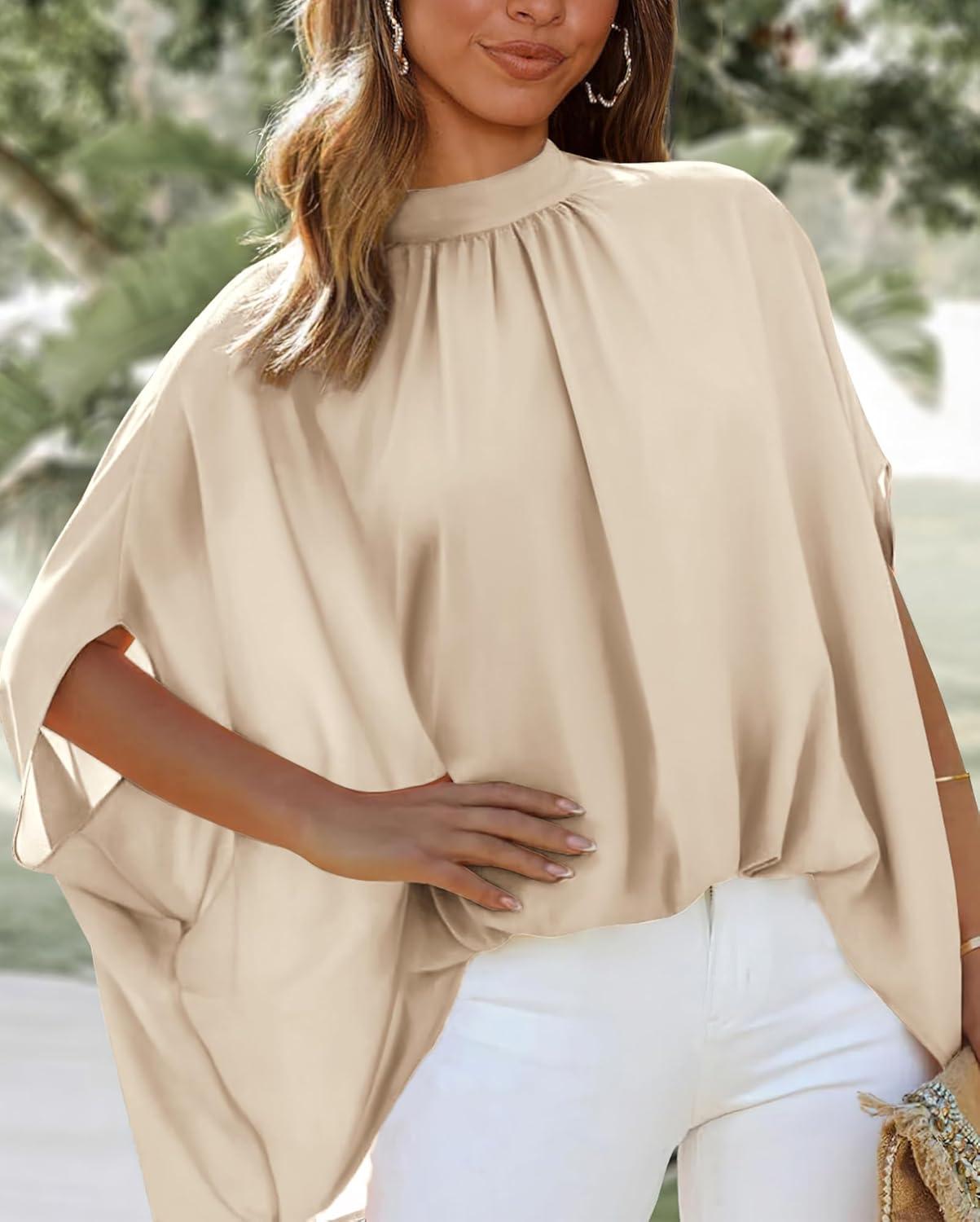 imageBTFBM Womens Summer Tops 2026 Mock Neck Batwing Sleeve Shirts Loose High Low Hem Oversized Dressy Casual Spring BlousesBeige