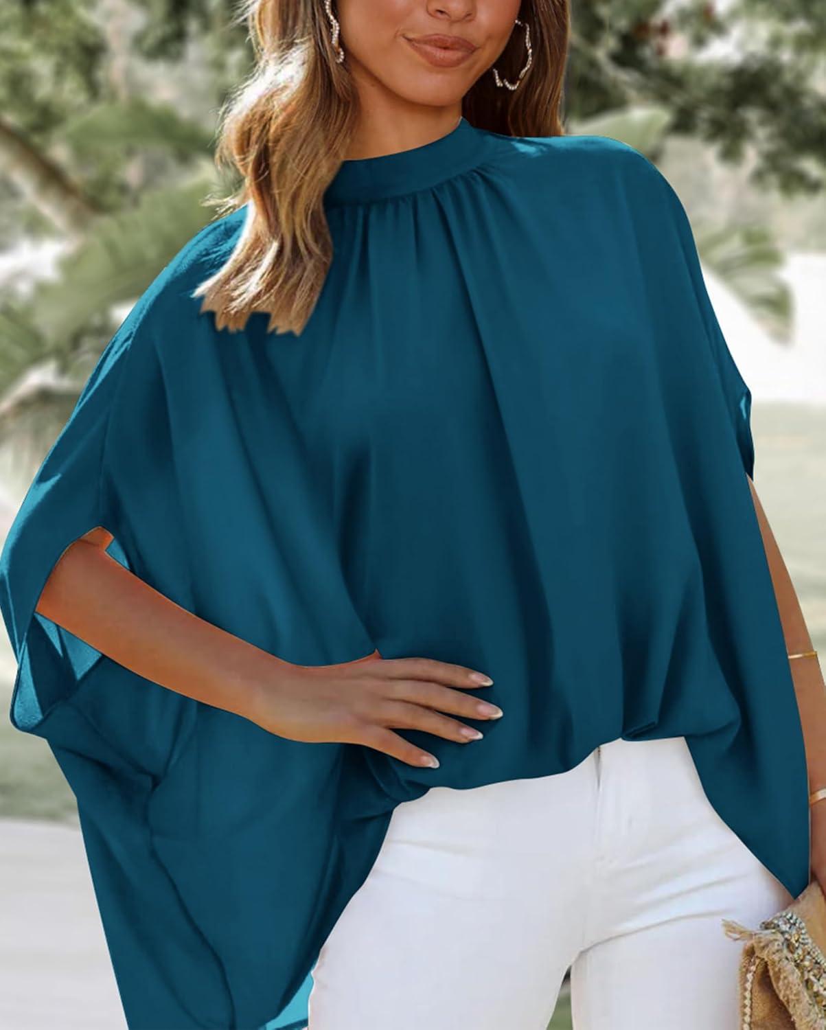 imageBTFBM Womens Summer Tops 2026 Mock Neck Batwing Sleeve Shirts Loose High Low Hem Oversized Dressy Casual Spring BlousesDark Blue
