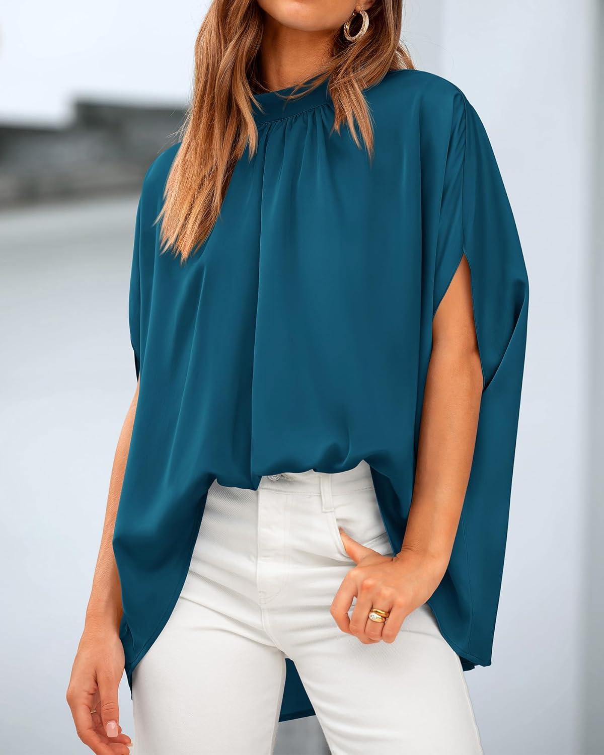 imageBTFBM Womens Summer Tops 2026 Mock Neck Batwing Sleeve Shirts Loose High Low Hem Oversized Dressy Casual Spring BlousesDark Blue