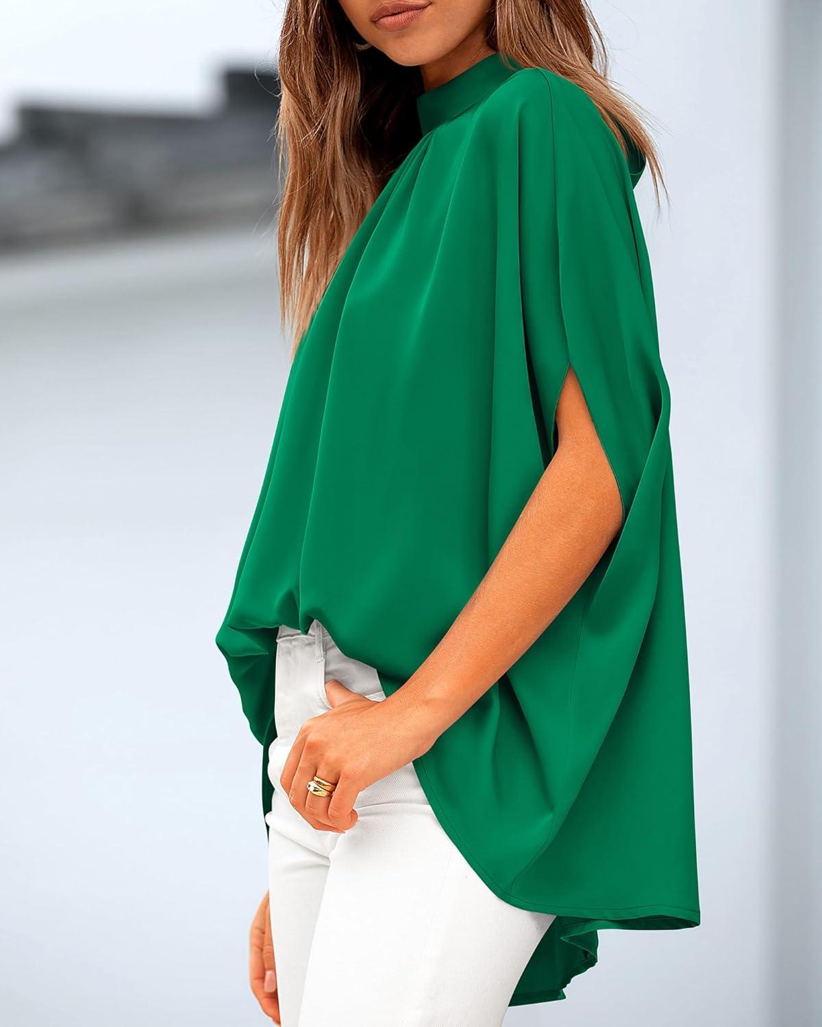 imageBTFBM Womens Summer Tops 2026 Mock Neck Batwing Sleeve Shirts Loose High Low Hem Oversized Dressy Casual Spring BlousesGreen