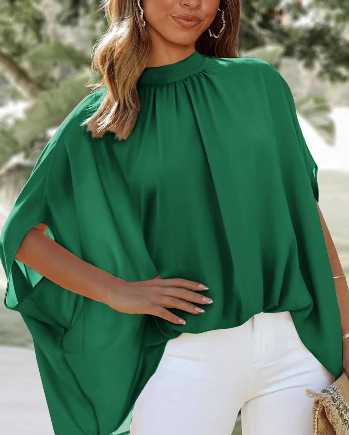 imageBTFBM Womens Summer Tops 2026 Mock Neck Batwing Sleeve Shirts Loose High Low Hem Oversized Dressy Casual Spring BlousesGreen