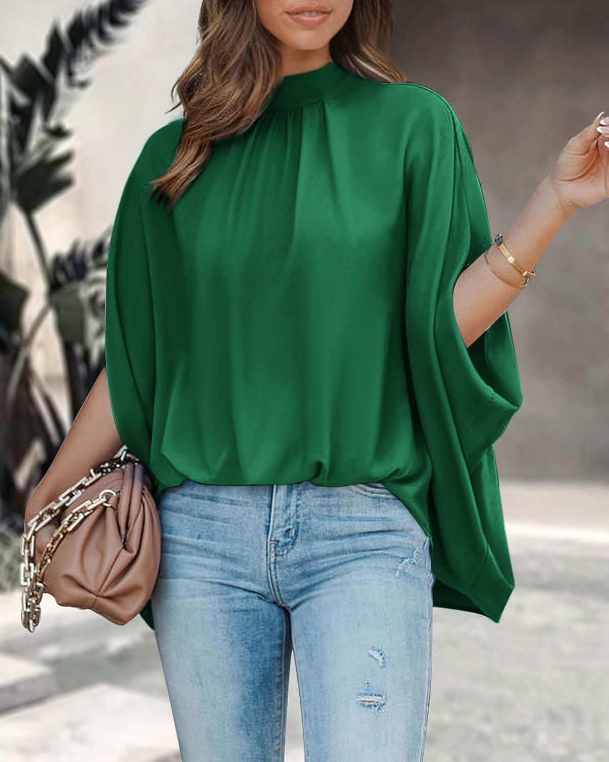 imageBTFBM Womens Summer Tops 2026 Mock Neck Batwing Sleeve Shirts Loose High Low Hem Oversized Dressy Casual Spring BlousesGreen