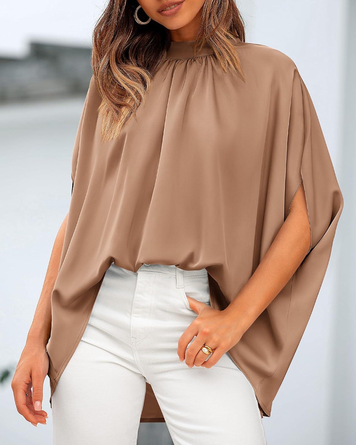 imageBTFBM Womens Summer Tops 2026 Mock Neck Batwing Sleeve Shirts Loose High Low Hem Oversized Dressy Casual Spring BlousesKhaki