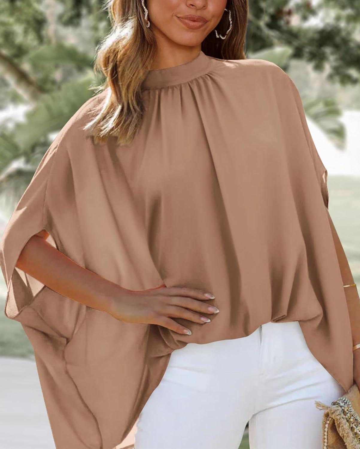 imageBTFBM Womens Summer Tops 2026 Mock Neck Batwing Sleeve Shirts Loose High Low Hem Oversized Dressy Casual Spring BlousesKhaki