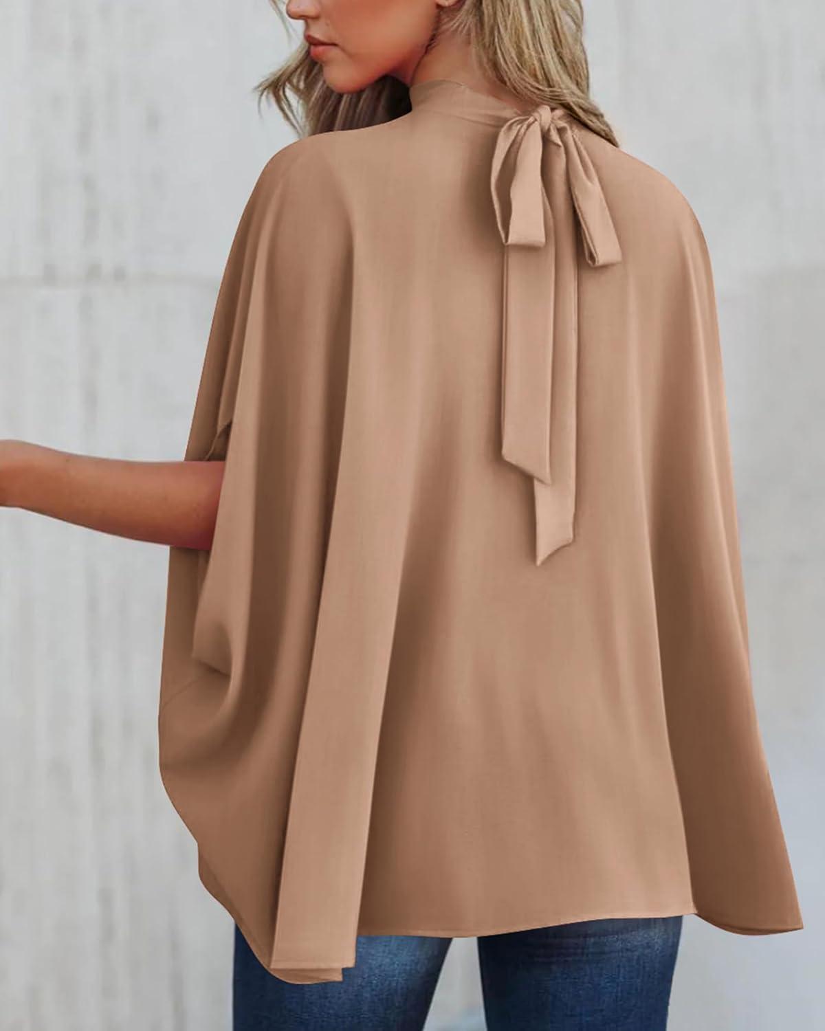 imageBTFBM Womens Summer Tops 2026 Mock Neck Batwing Sleeve Shirts Loose High Low Hem Oversized Dressy Casual Spring BlousesKhaki