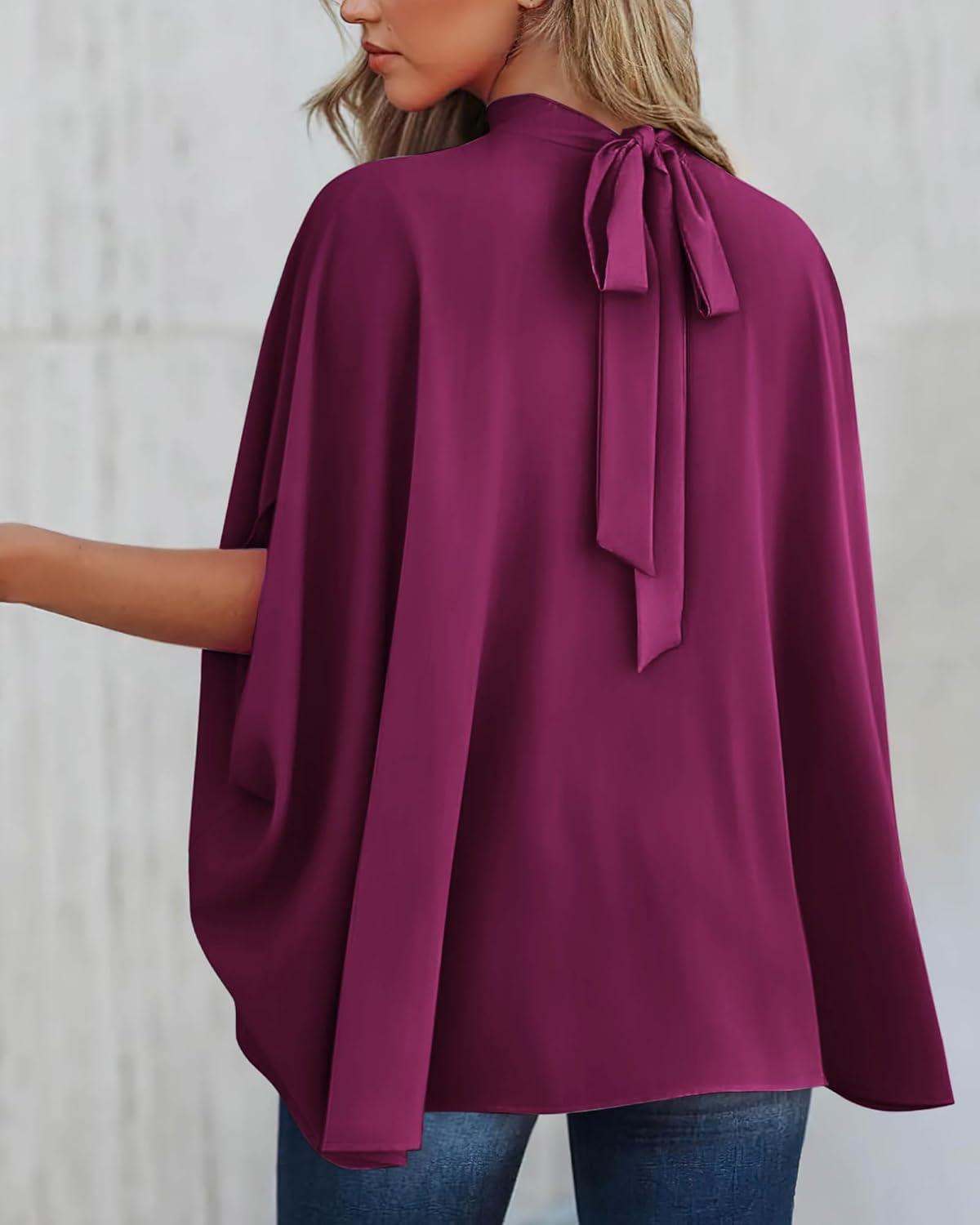 imageBTFBM Womens Summer Tops 2026 Mock Neck Batwing Sleeve Shirts Loose High Low Hem Oversized Dressy Casual Spring BlousesPurple Red