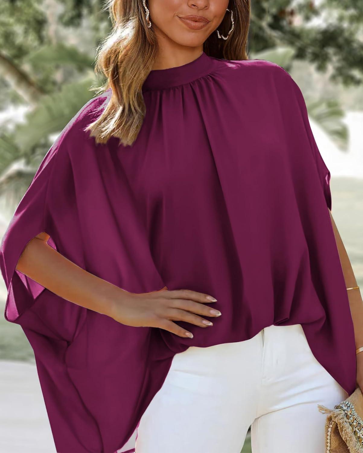 imageBTFBM Womens Summer Tops 2026 Mock Neck Batwing Sleeve Shirts Loose High Low Hem Oversized Dressy Casual Spring BlousesPurple Red