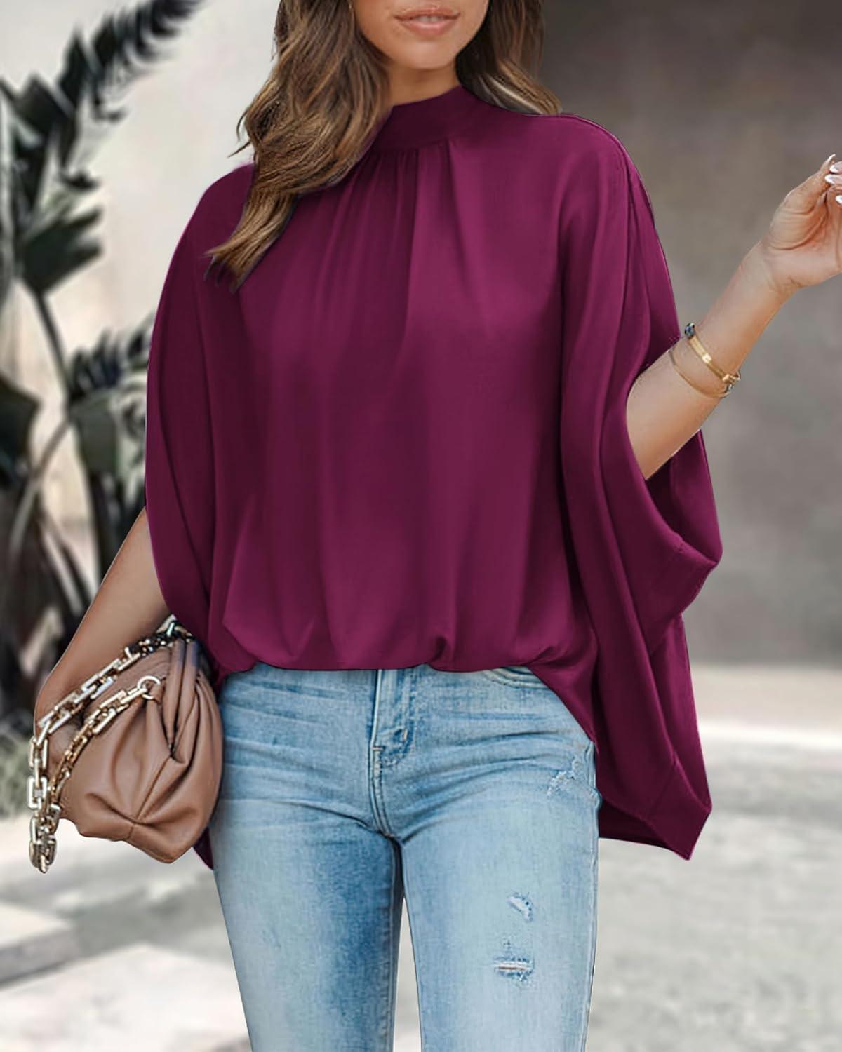 imageBTFBM Womens Summer Tops 2026 Mock Neck Batwing Sleeve Shirts Loose High Low Hem Oversized Dressy Casual Spring BlousesPurple Red