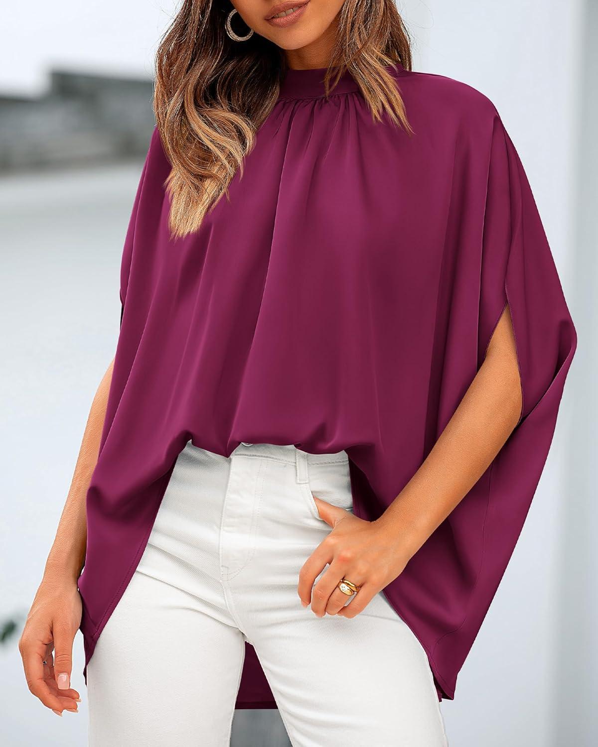 imageBTFBM Womens Summer Tops 2026 Mock Neck Batwing Sleeve Shirts Loose High Low Hem Oversized Dressy Casual Spring BlousesPurple Red