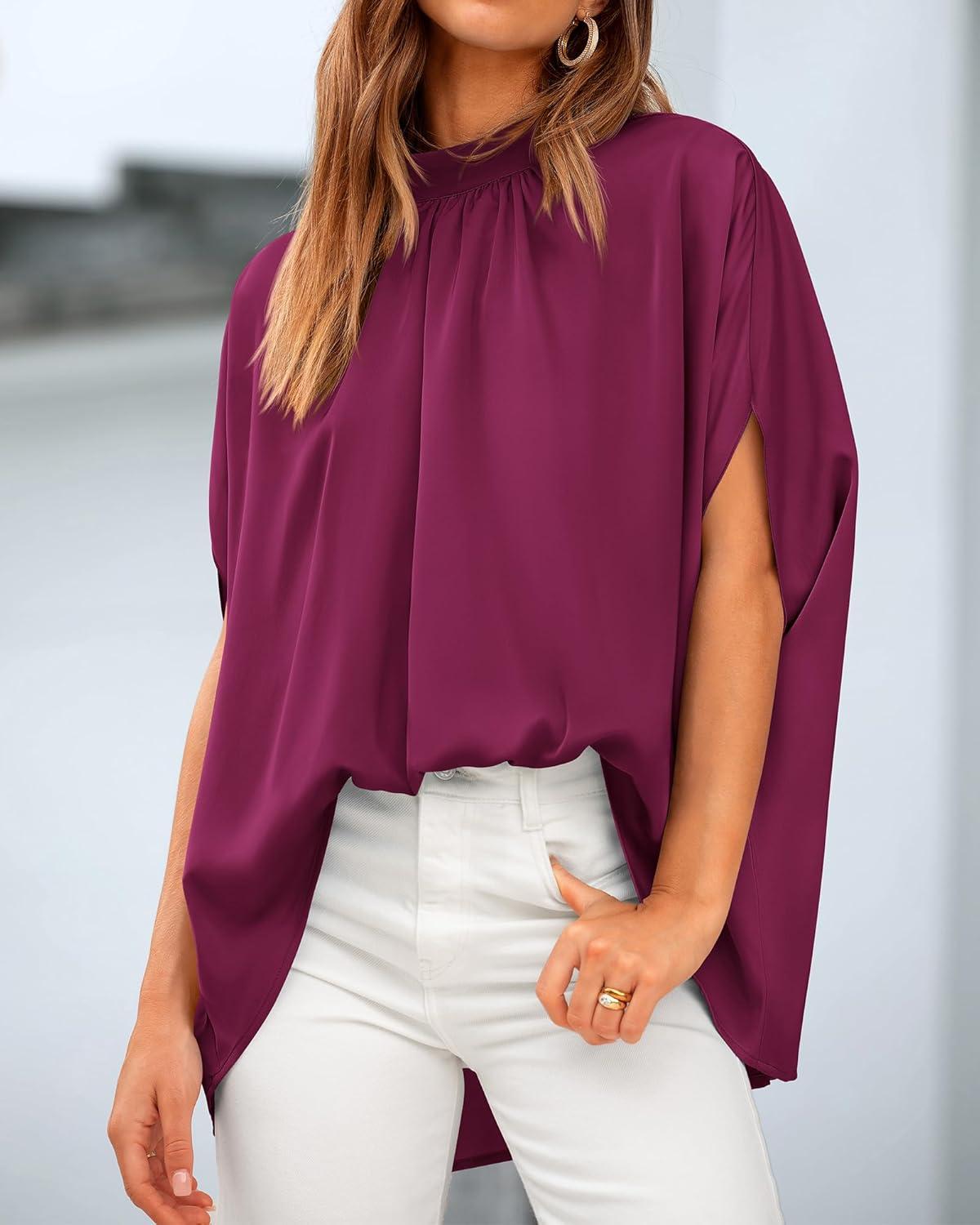 imageBTFBM Womens Summer Tops 2026 Mock Neck Batwing Sleeve Shirts Loose High Low Hem Oversized Dressy Casual Spring BlousesPurple Red