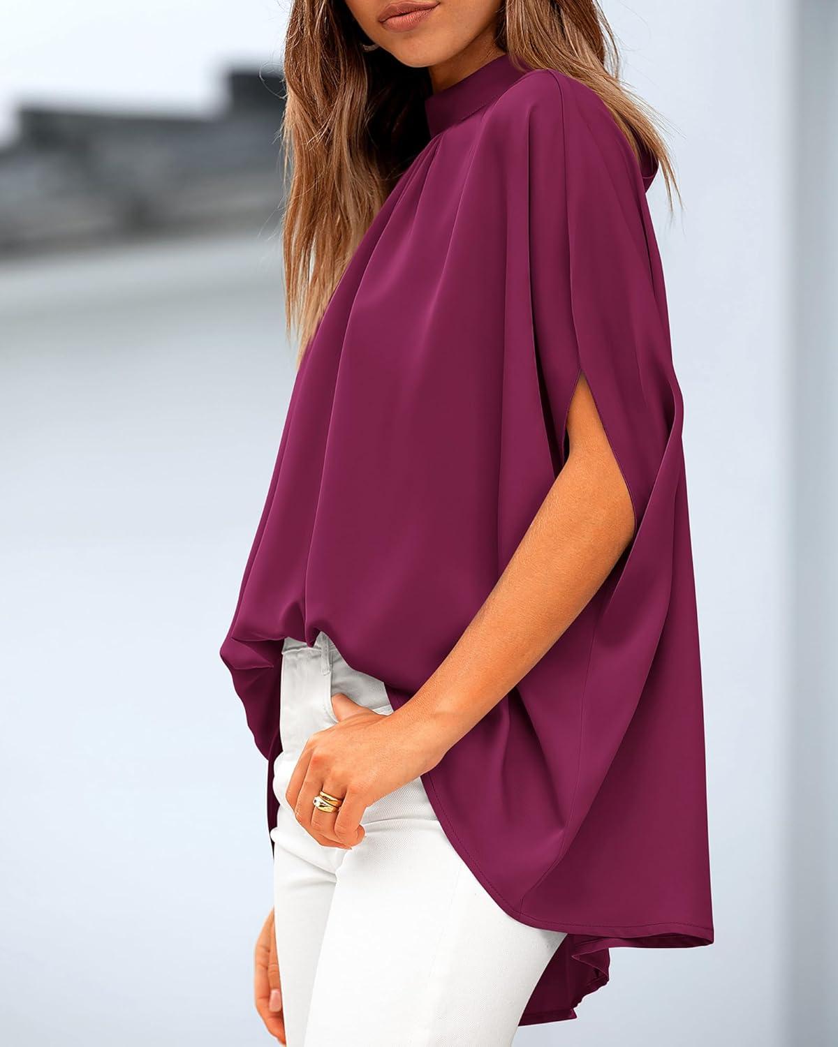imageBTFBM Womens Summer Tops 2026 Mock Neck Batwing Sleeve Shirts Loose High Low Hem Oversized Dressy Casual Spring BlousesPurple Red