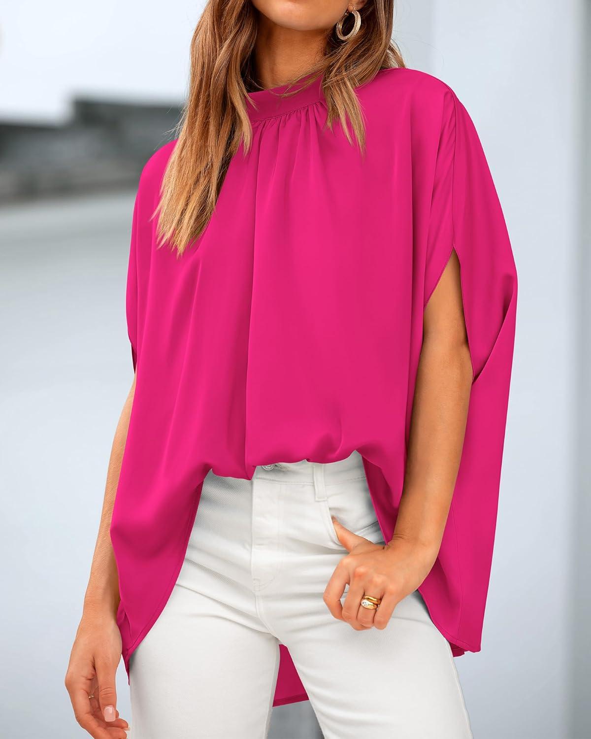 imageBTFBM Womens Summer Tops 2026 Mock Neck Batwing Sleeve Shirts Loose High Low Hem Oversized Dressy Casual Spring BlousesRose Red