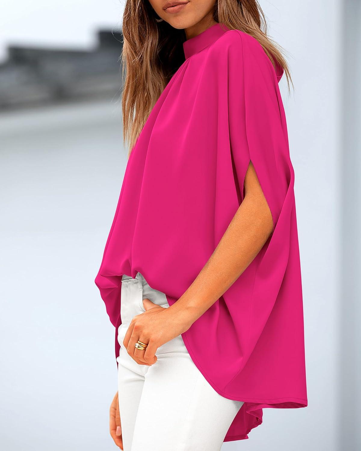 imageBTFBM Womens Summer Tops 2026 Mock Neck Batwing Sleeve Shirts Loose High Low Hem Oversized Dressy Casual Spring BlousesRose Red