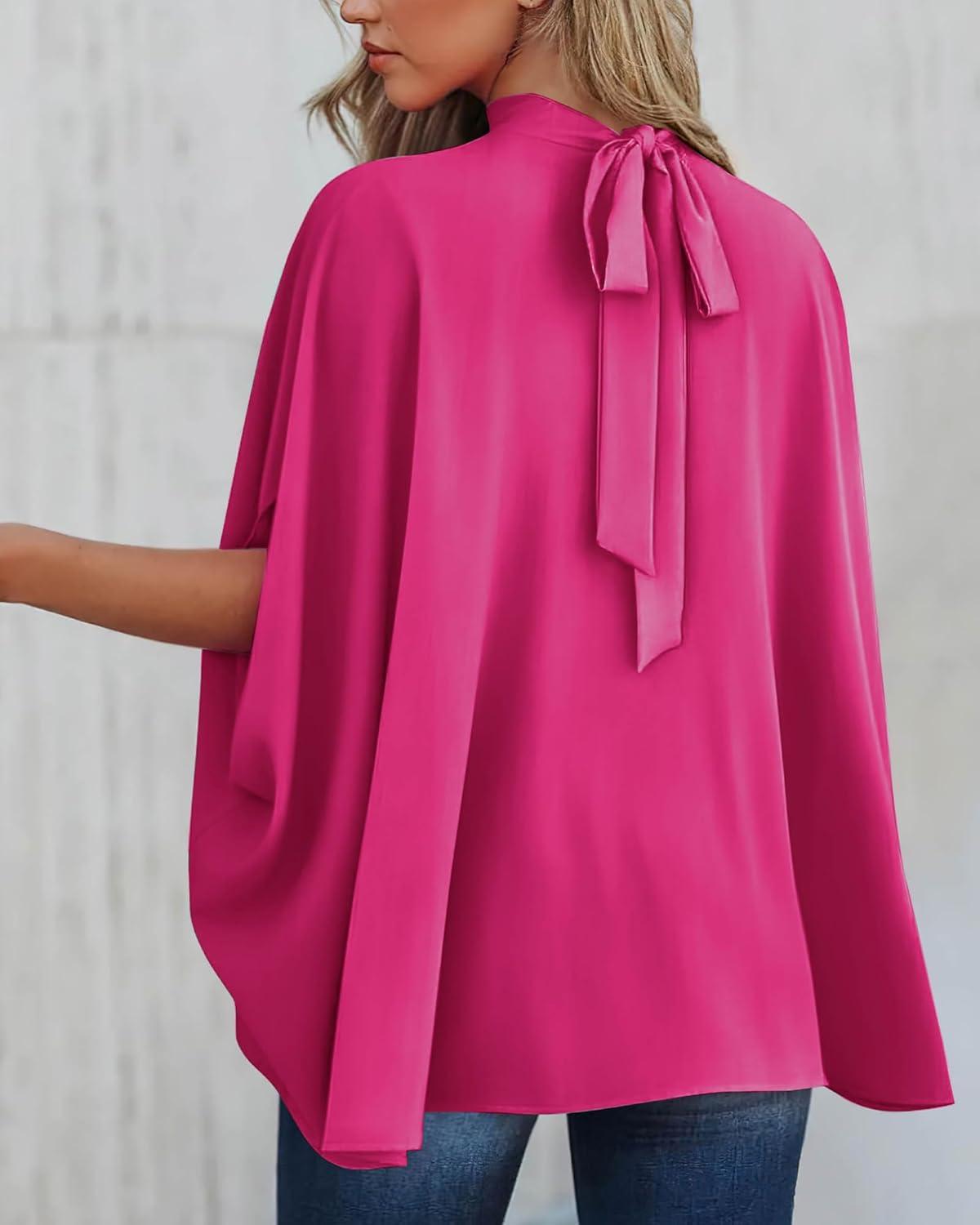 imageBTFBM Womens Summer Tops 2026 Mock Neck Batwing Sleeve Shirts Loose High Low Hem Oversized Dressy Casual Spring BlousesRose Red