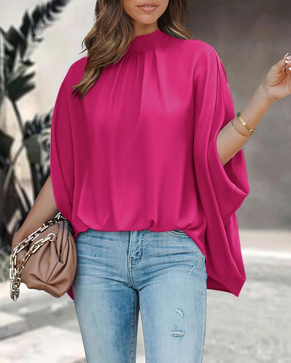 imageBTFBM Womens Summer Tops 2026 Mock Neck Batwing Sleeve Shirts Loose High Low Hem Oversized Dressy Casual Spring BlousesRose Red