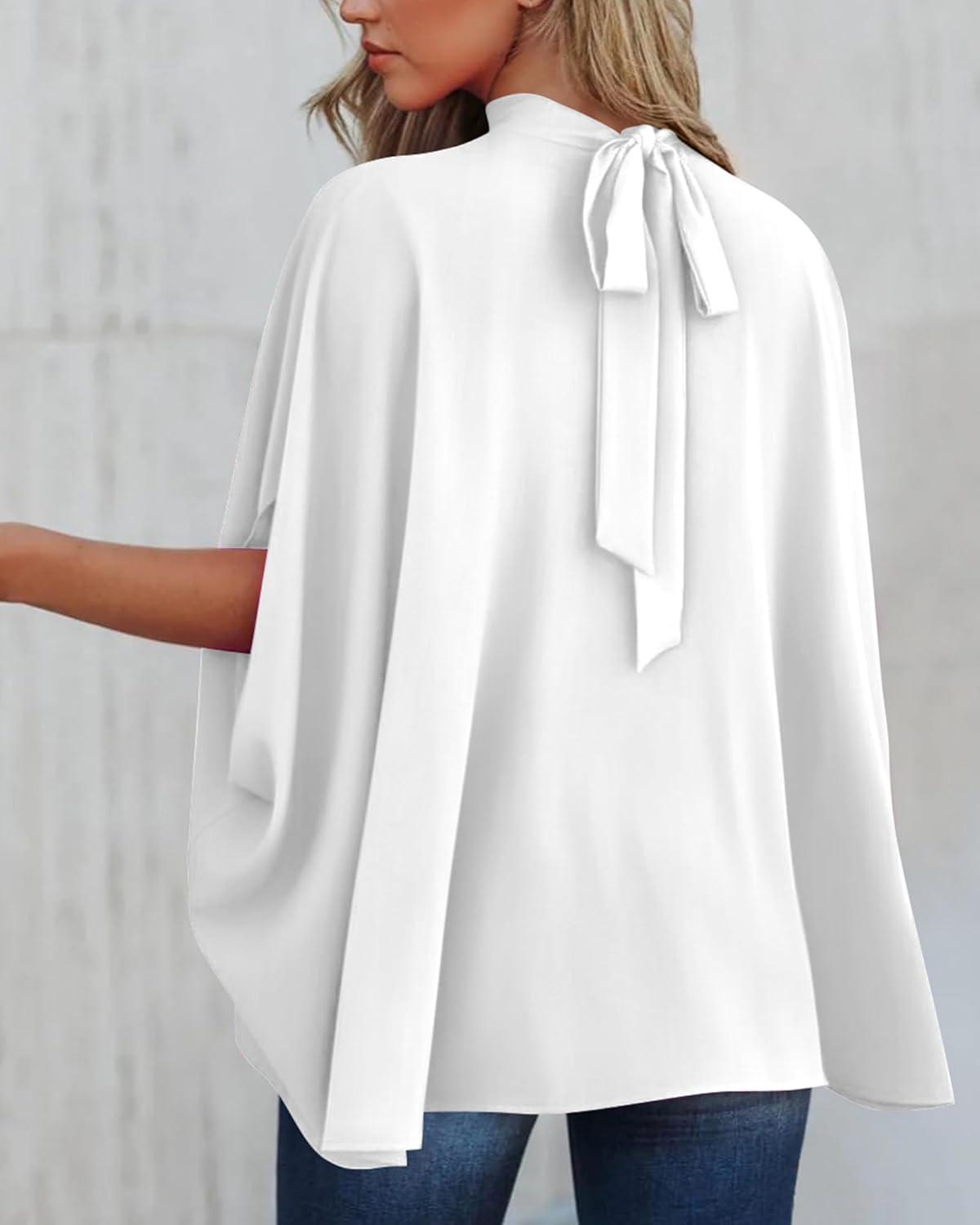 imageBTFBM Womens Summer Tops 2026 Mock Neck Batwing Sleeve Shirts Loose High Low Hem Oversized Dressy Casual Spring BlousesWhite