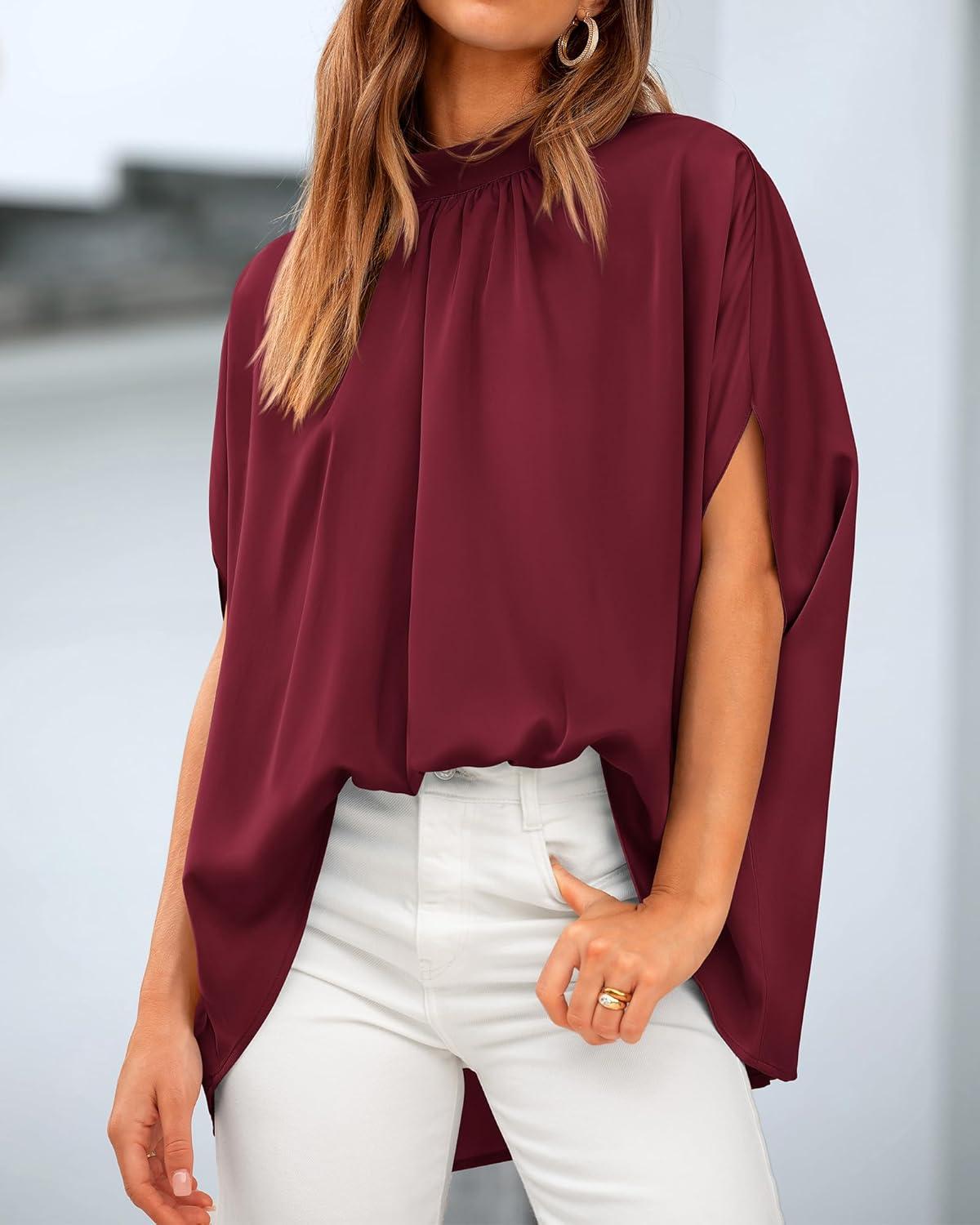 imageBTFBM Womens Summer Tops 2026 Mock Neck Batwing Sleeve Shirts Loose High Low Hem Oversized Dressy Casual Spring BlousesWine Red