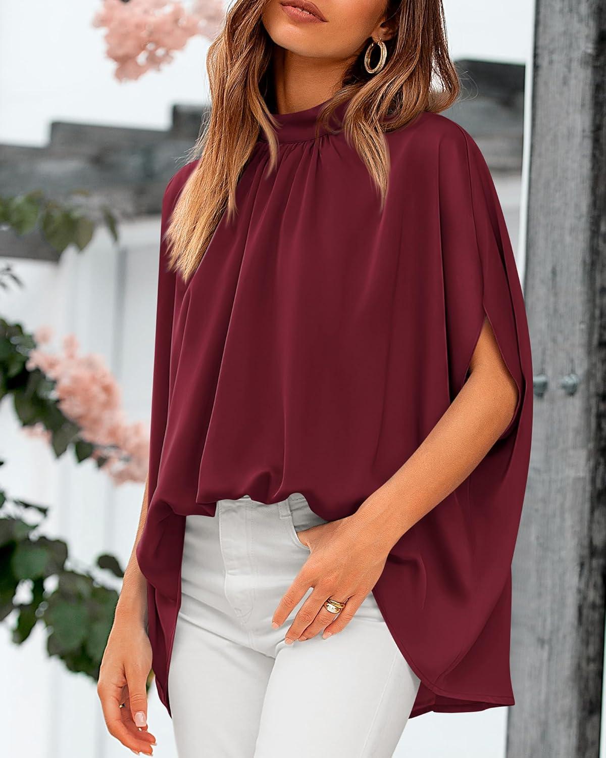 imageBTFBM Womens Summer Tops 2026 Mock Neck Batwing Sleeve Shirts Loose High Low Hem Oversized Dressy Casual Spring BlousesWine Red