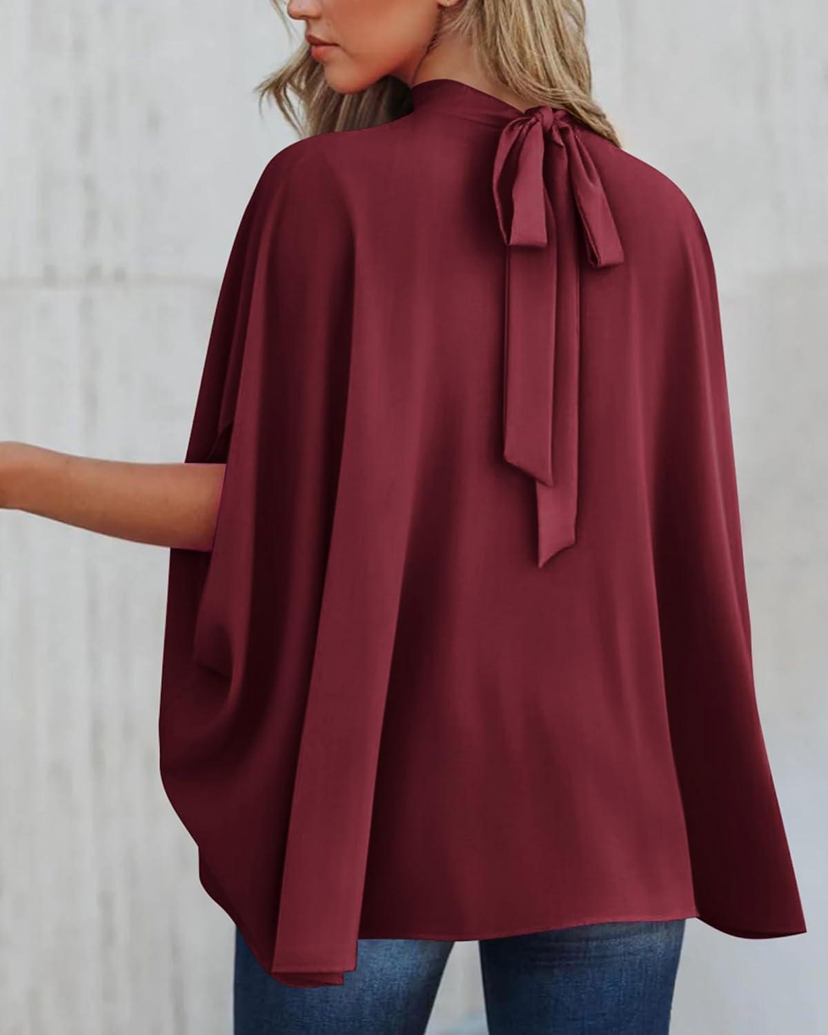 imageBTFBM Womens Summer Tops 2026 Mock Neck Batwing Sleeve Shirts Loose High Low Hem Oversized Dressy Casual Spring BlousesWine Red