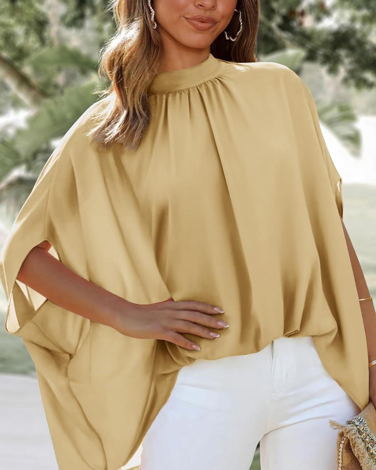 imageBTFBM Womens Summer Tops 2026 Mock Neck Batwing Sleeve Shirts Loose High Low Hem Oversized Dressy Casual Spring BlousesYellow