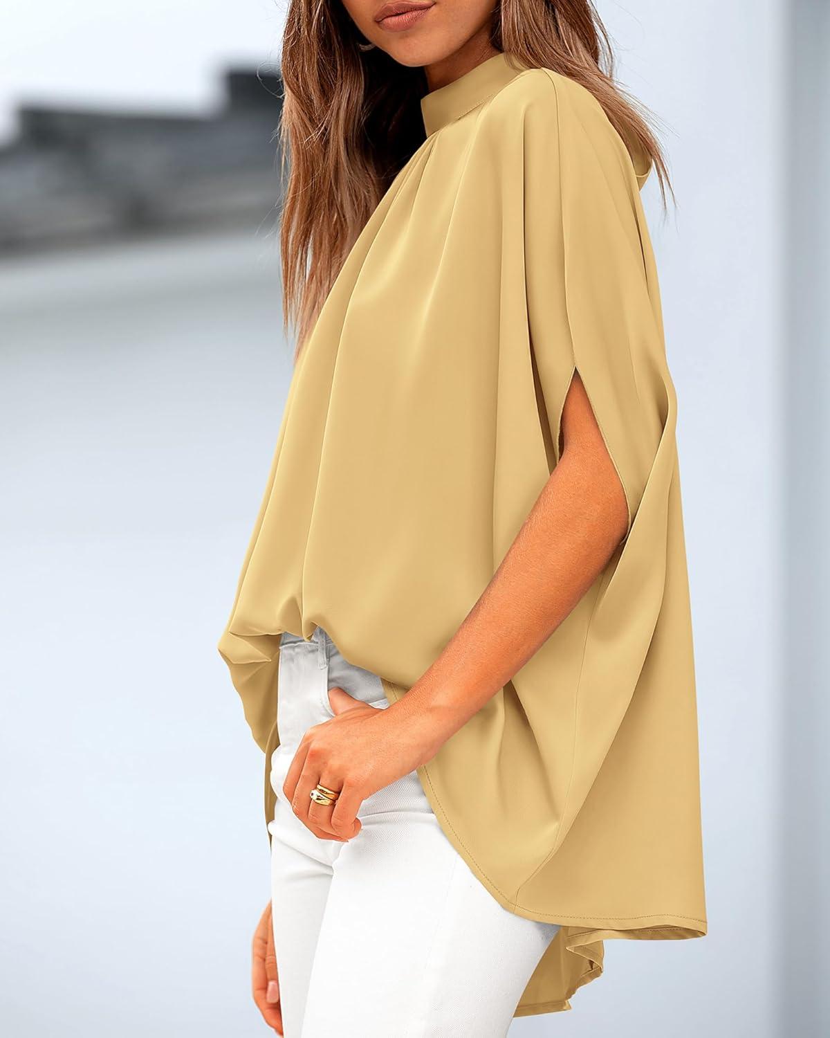 imageBTFBM Womens Summer Tops 2026 Mock Neck Batwing Sleeve Shirts Loose High Low Hem Oversized Dressy Casual Spring BlousesYellow