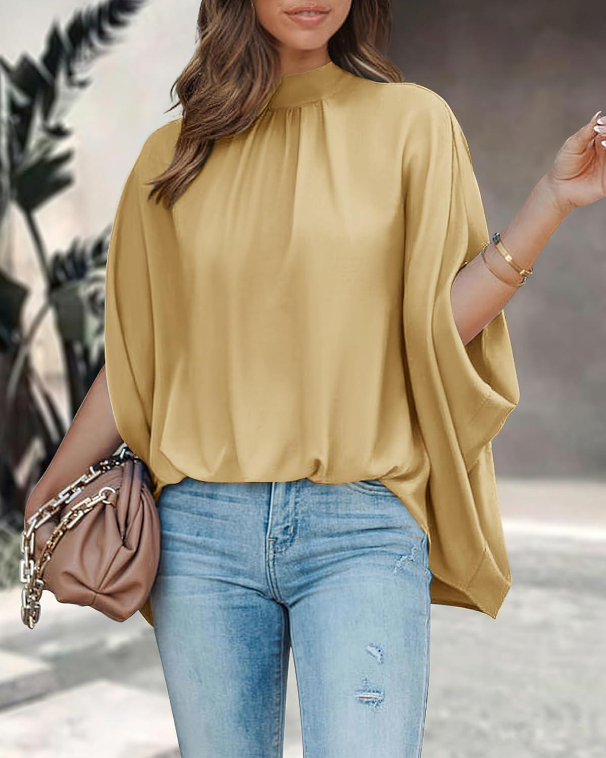 imageBTFBM Womens Summer Tops 2026 Mock Neck Batwing Sleeve Shirts Loose High Low Hem Oversized Dressy Casual Spring BlousesYellow