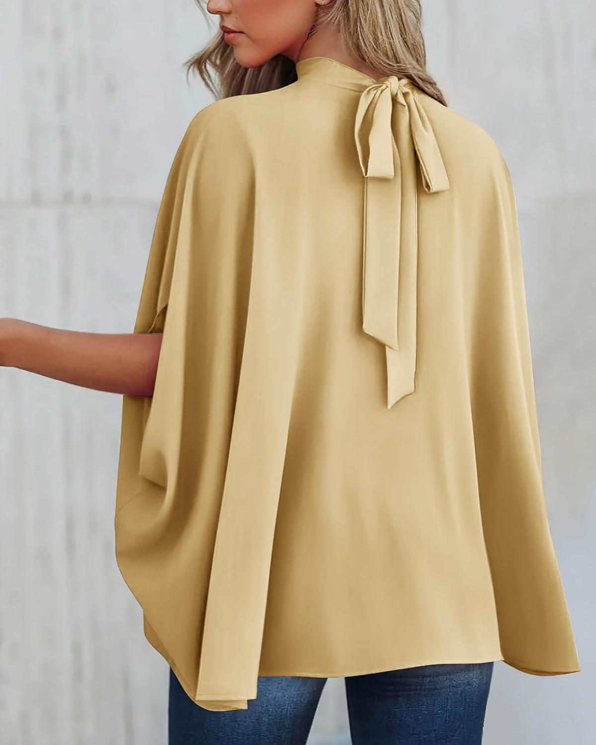 imageBTFBM Womens Summer Tops 2026 Mock Neck Batwing Sleeve Shirts Loose High Low Hem Oversized Dressy Casual Spring BlousesYellow