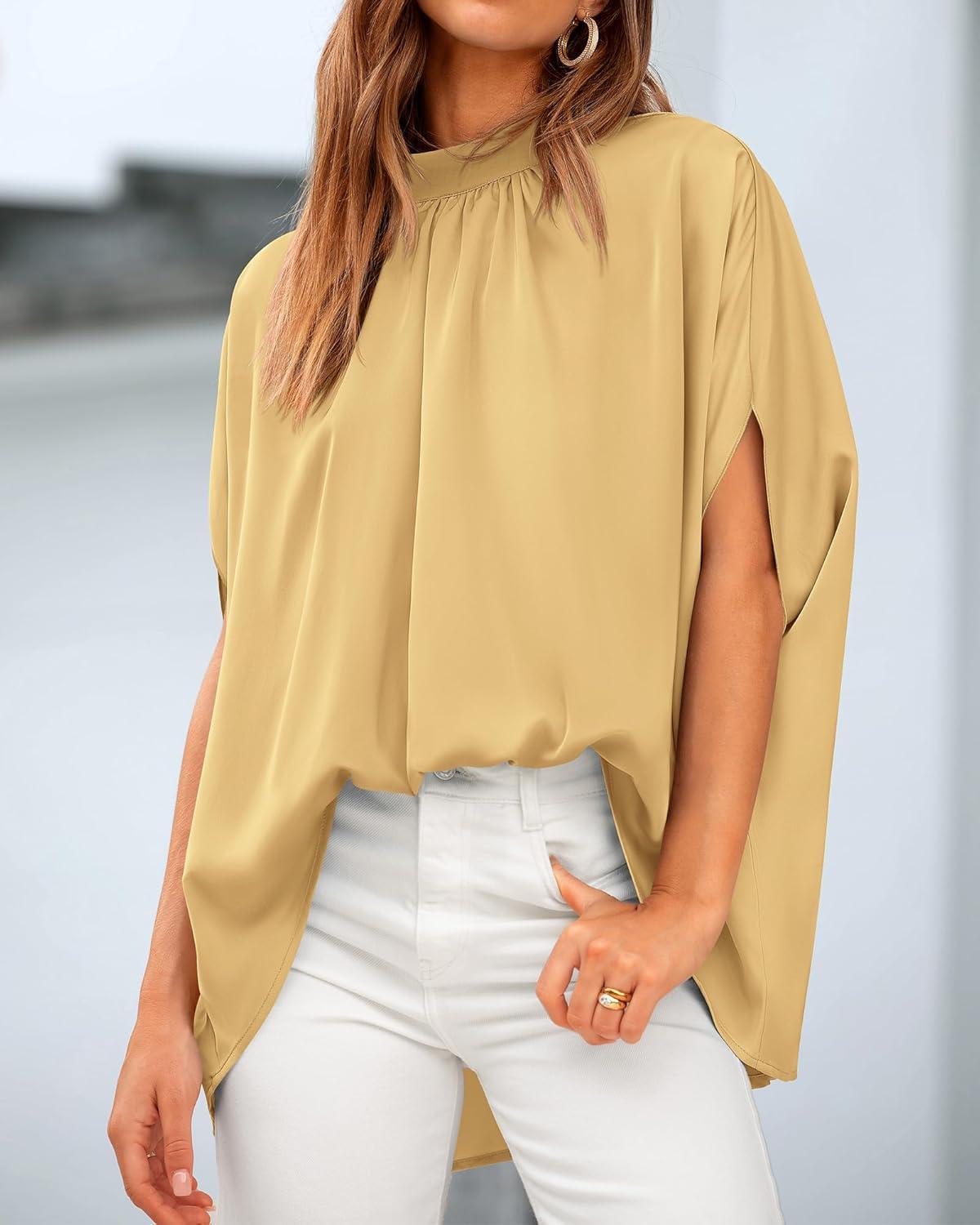 imageBTFBM Womens Summer Tops 2026 Mock Neck Batwing Sleeve Shirts Loose High Low Hem Oversized Dressy Casual Spring BlousesYellow