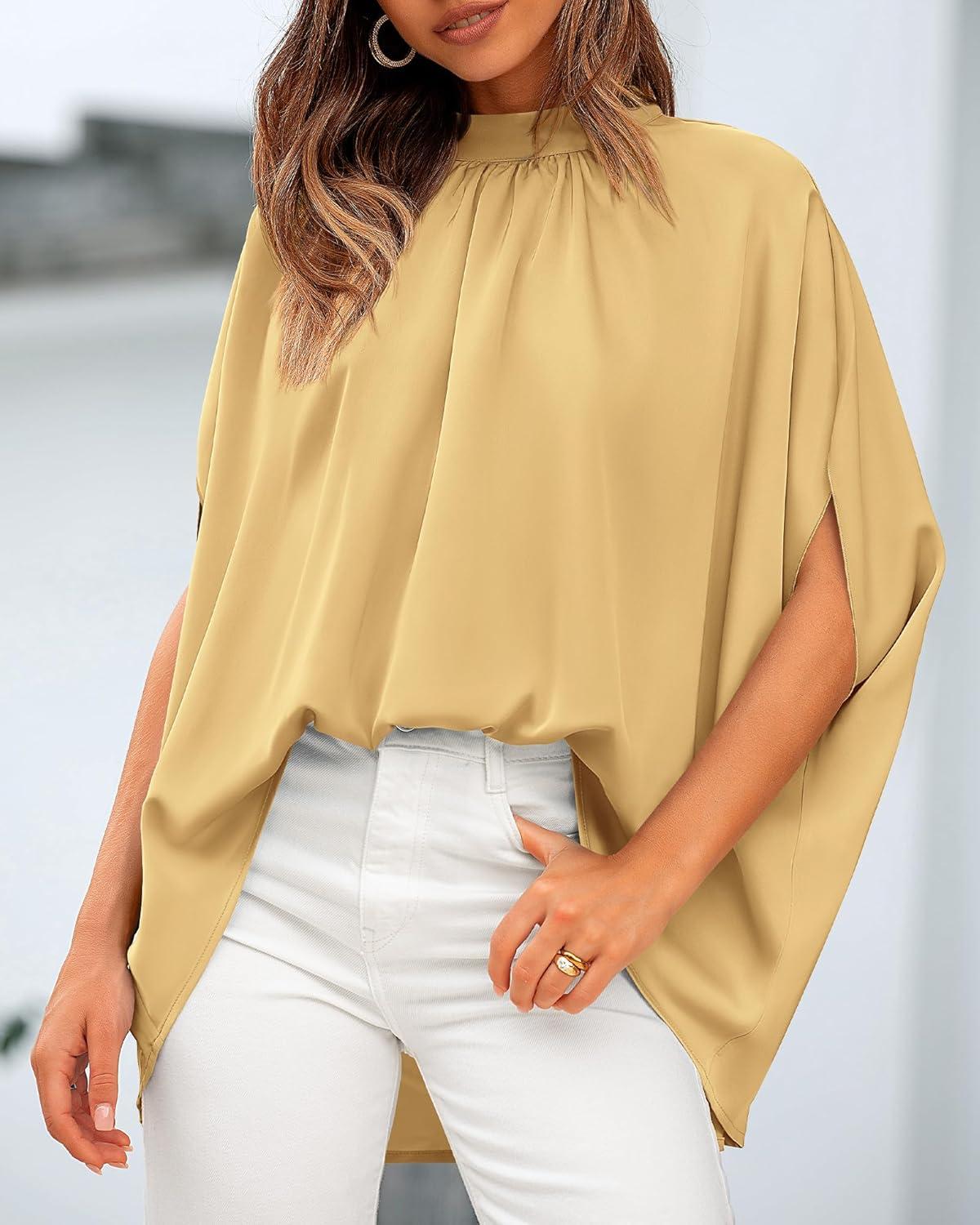 imageBTFBM Womens Summer Tops 2026 Mock Neck Batwing Sleeve Shirts Loose High Low Hem Oversized Dressy Casual Spring BlousesYellow