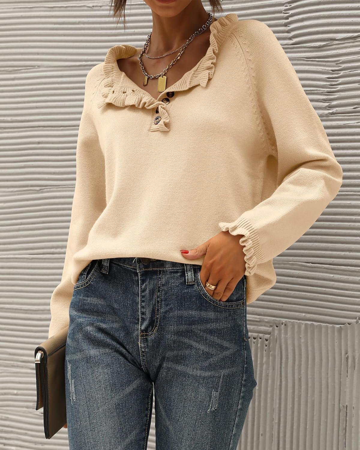 imageBTFBM Womens Sweaters Fall Winter Clothes 2025 Long Sleeve Button Down Ruffle Crew Neck Casual Knitted Pullover TopsApricot