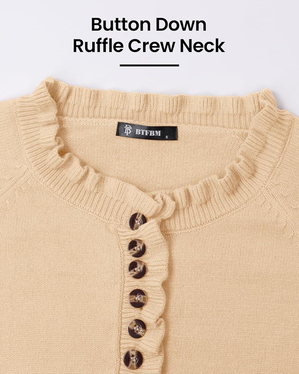 imageBTFBM Womens Sweaters Fall Winter Clothes 2025 Long Sleeve Button Down Ruffle Crew Neck Casual Knitted Pullover TopsApricot