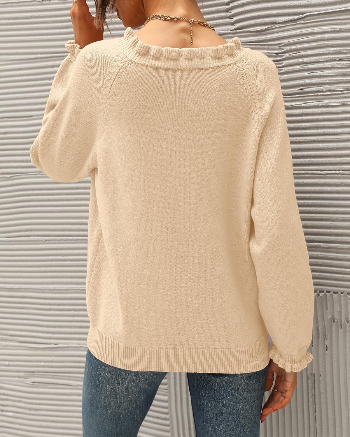 imageBTFBM Womens Sweaters Fall Winter Clothes 2025 Long Sleeve Button Down Ruffle Crew Neck Casual Knitted Pullover TopsApricot