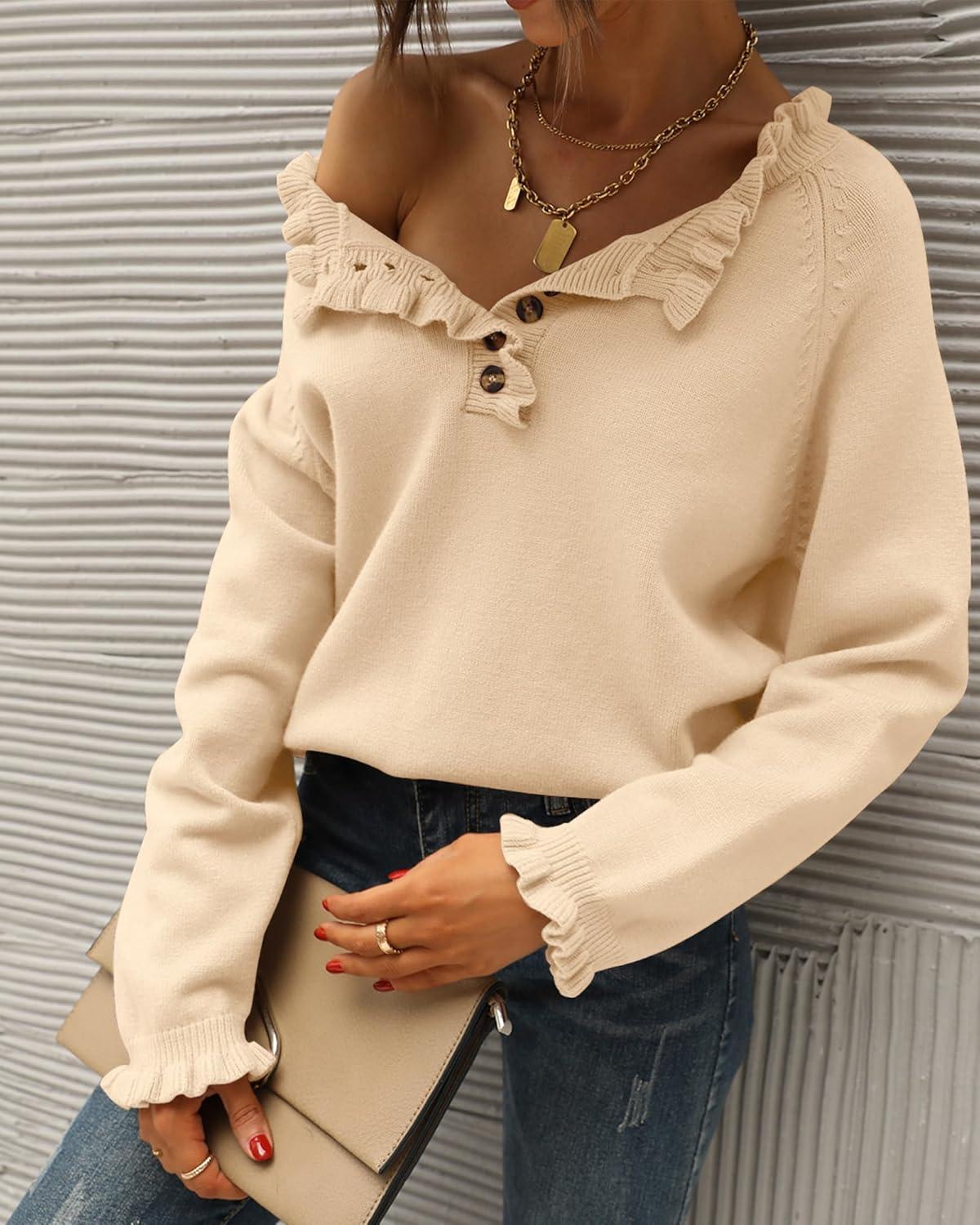 imageBTFBM Womens Sweaters Fall Winter Clothes 2025 Long Sleeve Button Down Ruffle Crew Neck Casual Knitted Pullover TopsApricot